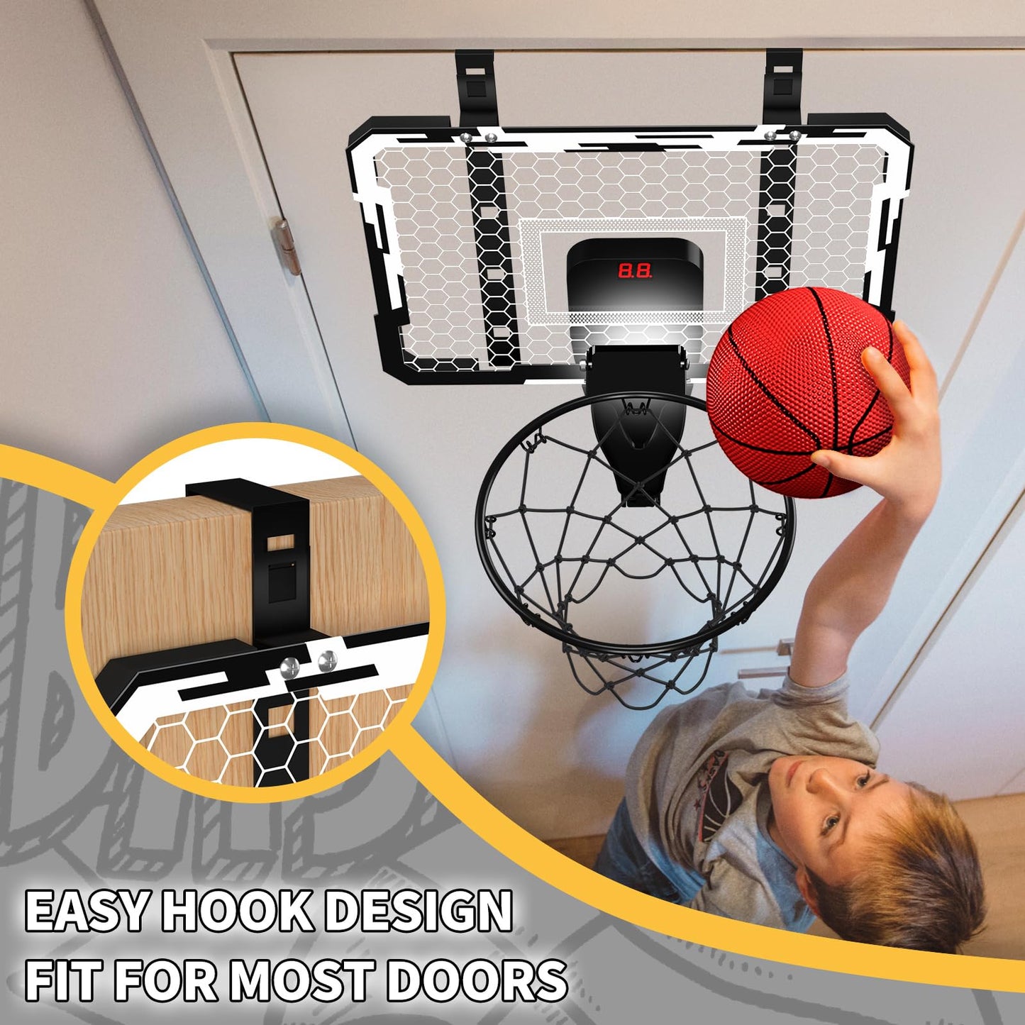 QDRAGON Indoor Basketball Hoop for Kids — Over-the-Door Mini Hoop with 7 LED Lights & 4 Height Settings