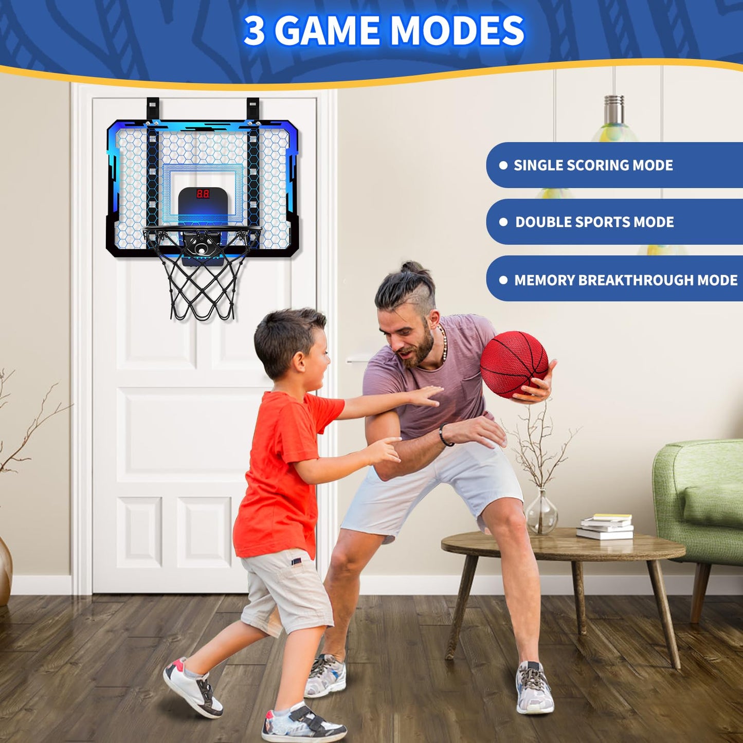 QDRAGON Indoor Basketball Hoop for Kids — Over-the-Door Mini Hoop with 7 LED Colors, Adjustable 4-Height Setup