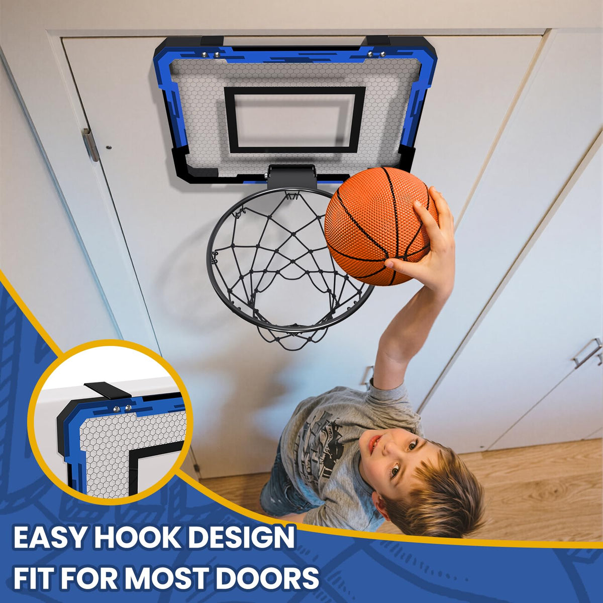 QDRAGON Mini Basketball Hoop – Over the Door Indoor (Blue) | 3 Balls & Inflator