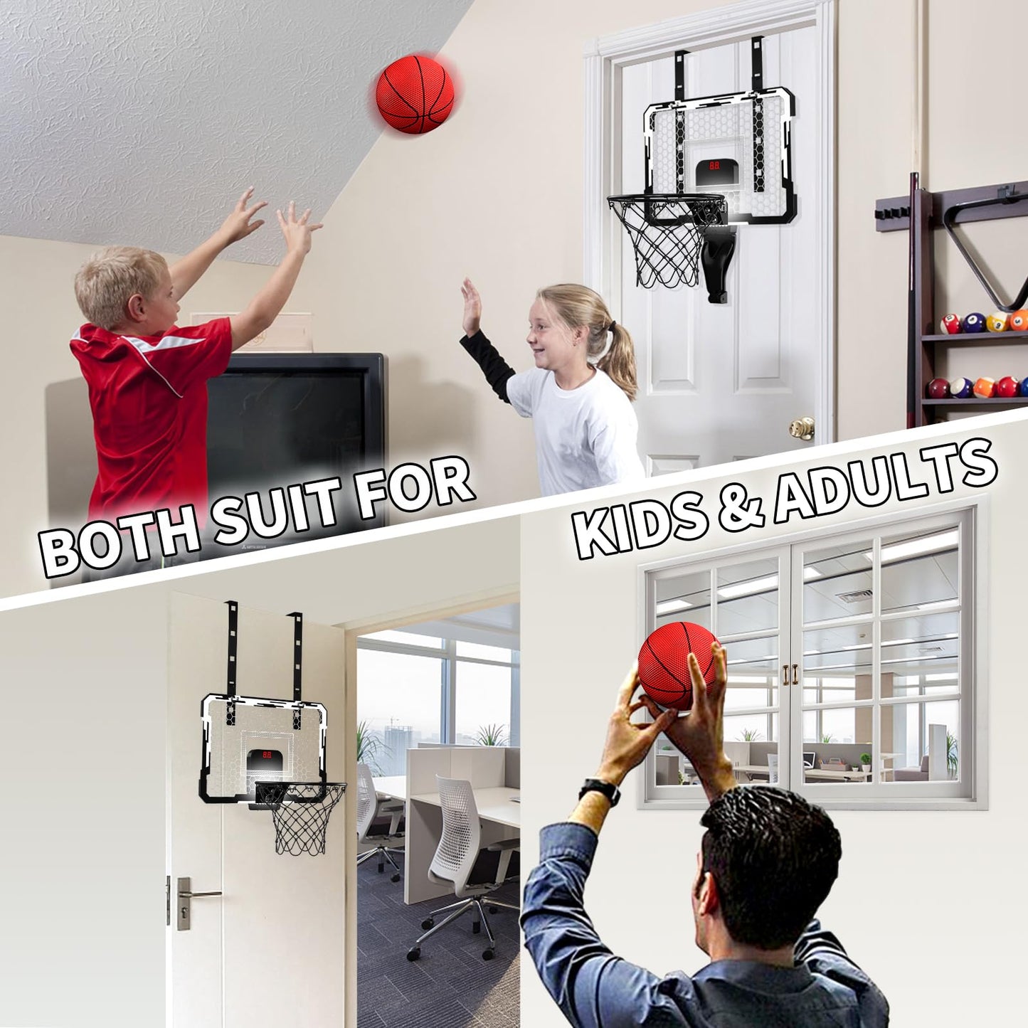 QDRAGON Indoor Basketball Hoop for Kids — Over-the-Door Mini Hoop with 7 LED Lights & 4 Height Settings