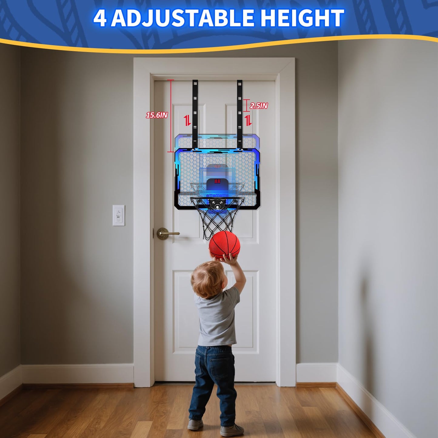 QDRAGON Indoor Basketball Hoop for Kids — Over-the-Door Mini Hoop with 7 LED Colors, Adjustable 4-Height Setup