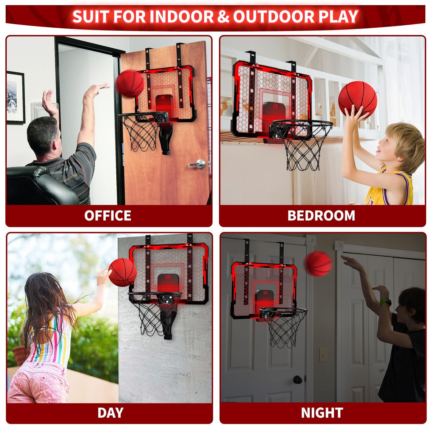 QDRAGON Indoor Basketball Hoop for Kids – 7 LED Lights, Over-the-Door Mini Hoop