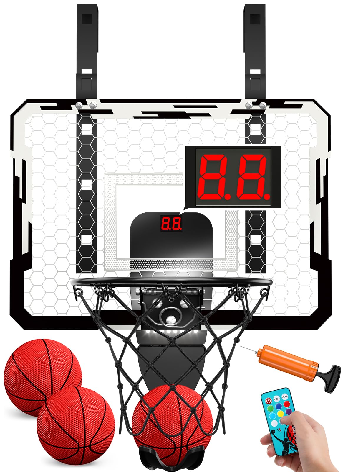 QDRAGON Indoor Basketball Hoop for Kids — Over-the-Door Mini Hoop with 7 LED Lights & 4 Height Settings