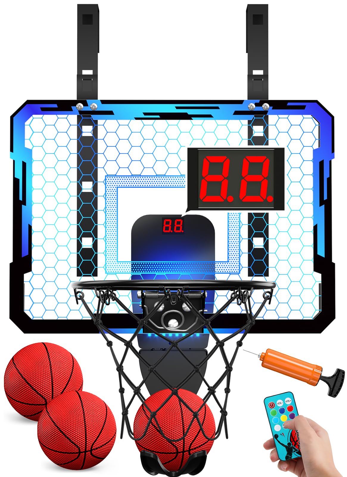 QDRAGON Indoor Basketball Hoop for Kids — Over-the-Door Mini Hoop with 7 LED Colors, Adjustable 4-Height Setup