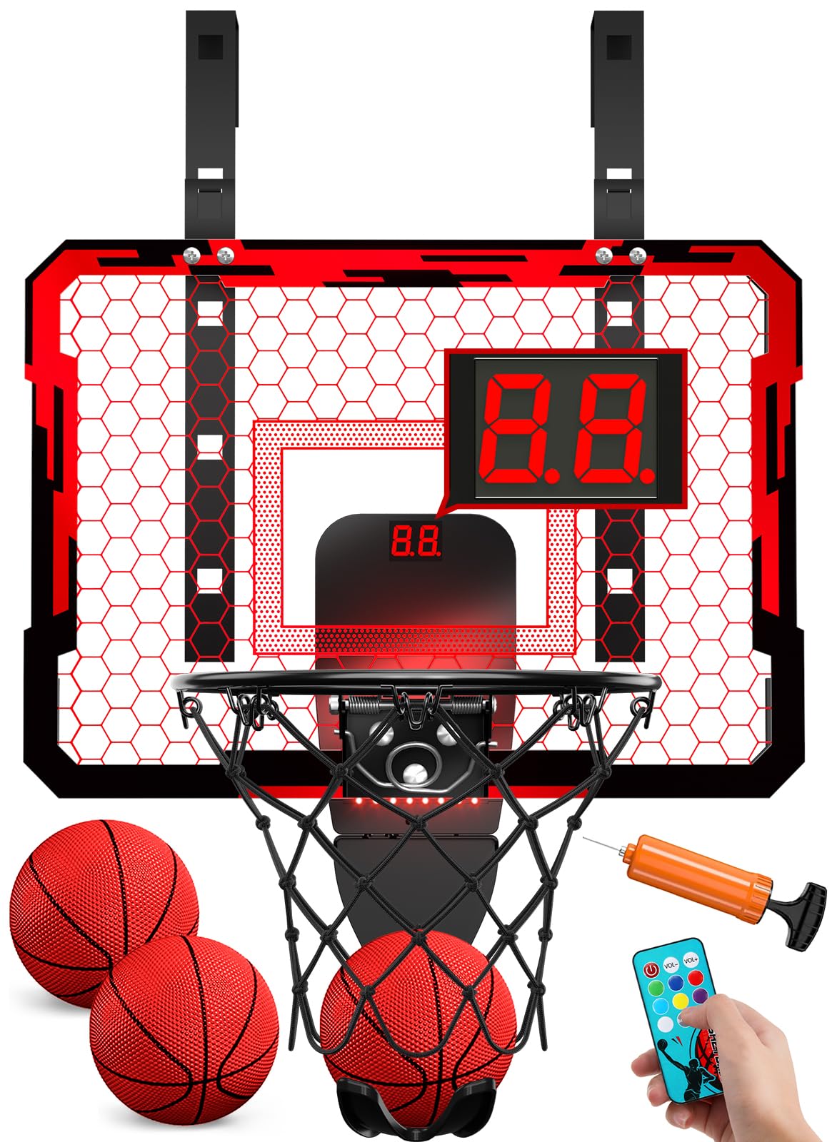 QDRAGON Indoor Basketball Hoop for Kids – 7 LED Lights, Over-the-Door Mini Hoop