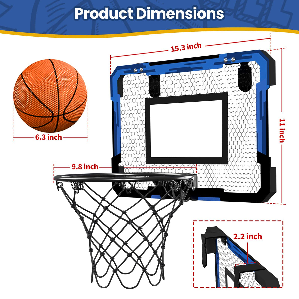 QDRAGON Mini Basketball Hoop – Over the Door Indoor (Blue) | 3 Balls & Inflator