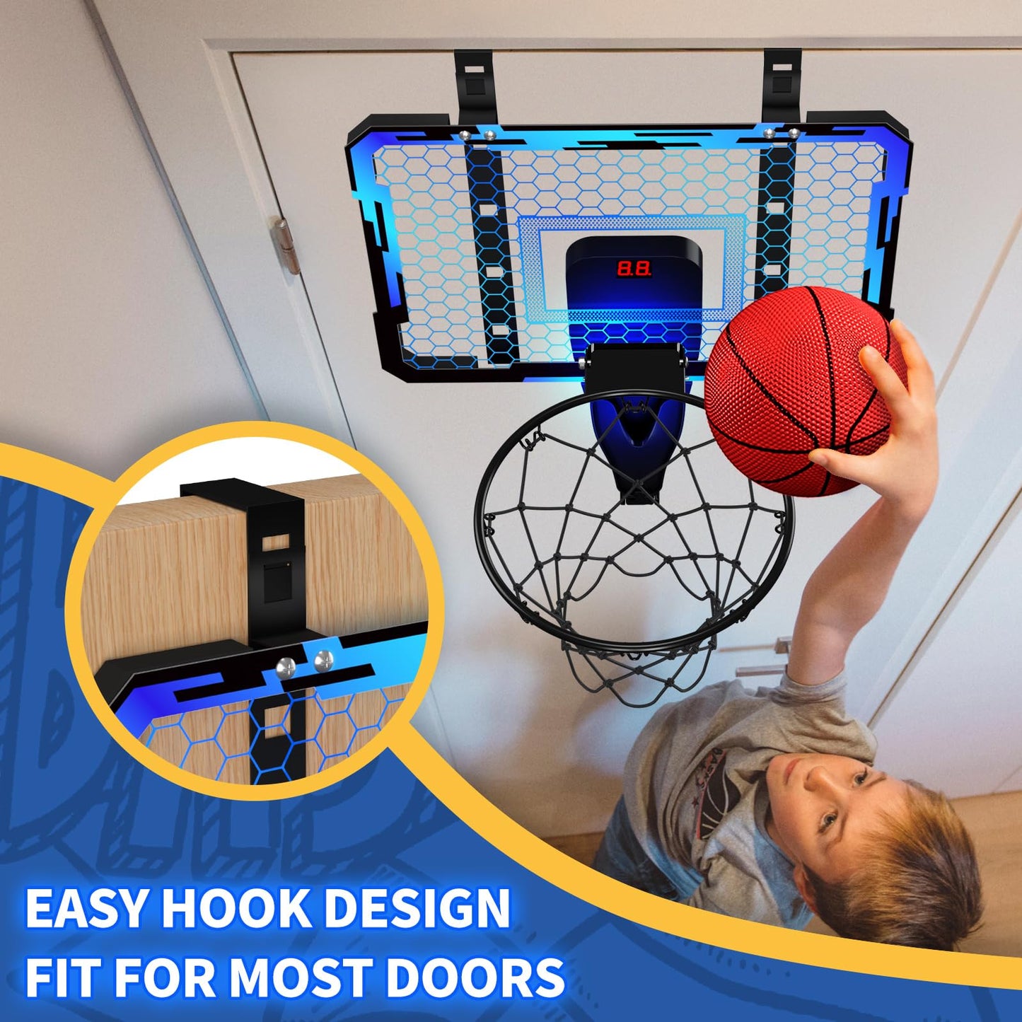 QDRAGON Indoor Basketball Hoop for Kids — Over-the-Door Mini Hoop with 7 LED Colors, Adjustable 4-Height Setup