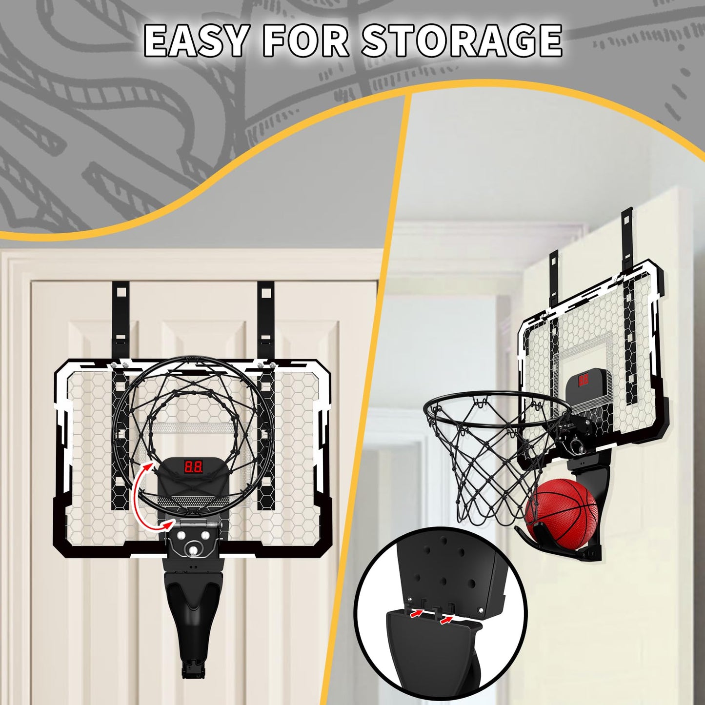 QDRAGON Indoor Basketball Hoop for Kids — Over-the-Door Mini Hoop with 7 LED Lights & 4 Height Settings