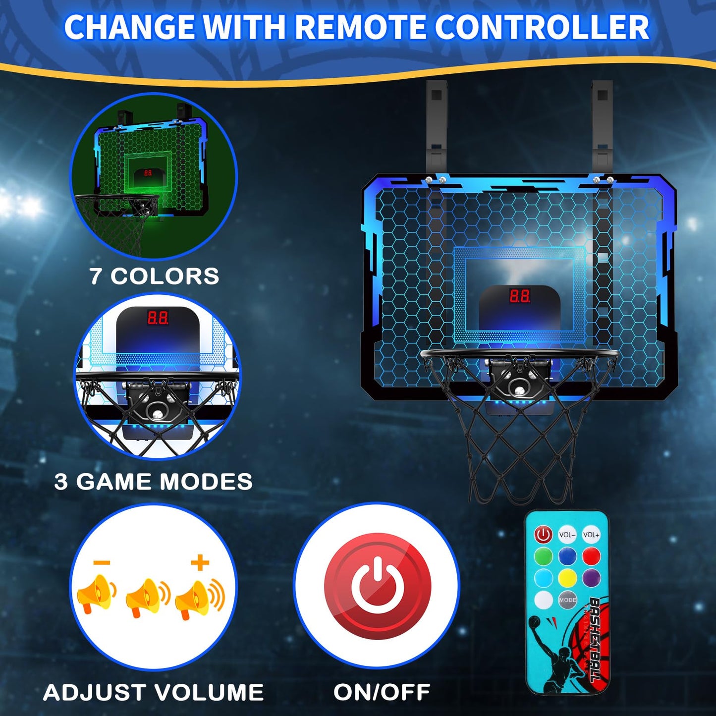 QDRAGON Indoor Basketball Hoop for Kids — Over-the-Door Mini Hoop with 7 LED Colors, Adjustable 4-Height Setup
