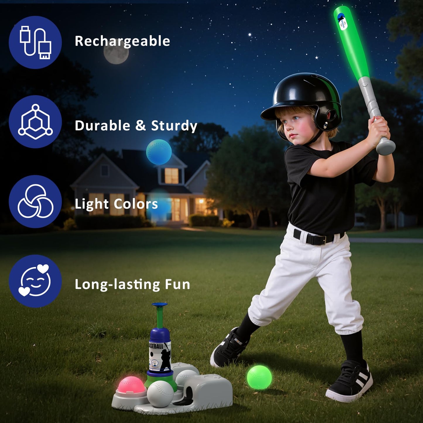 QDRAGON LED Tball Set for Kids 3-8 – Glow-in-the-Dark Tee Ball, All-in-One Outdoor Toy