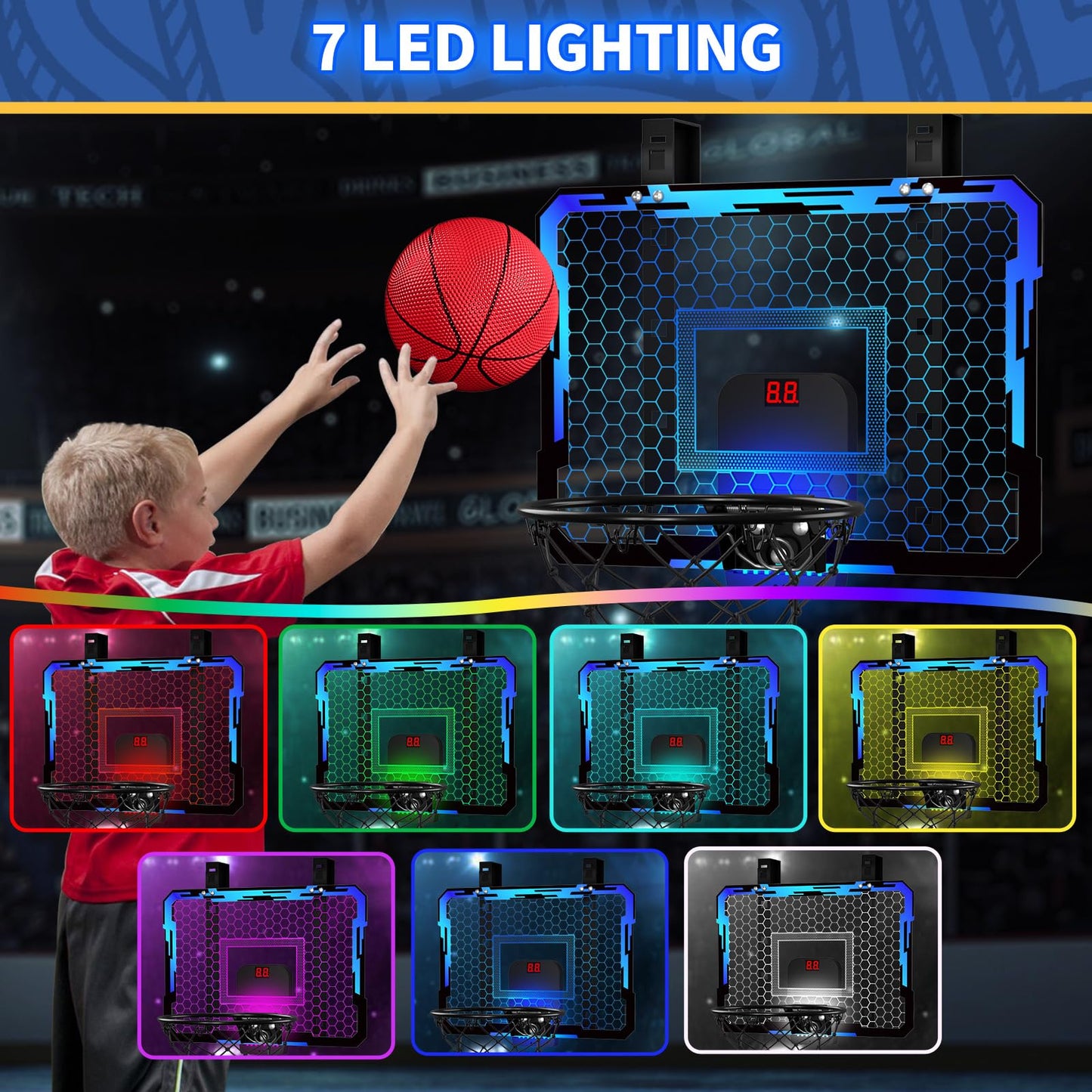 QDRAGON Indoor Basketball Hoop for Kids — Over-the-Door Mini Hoop with 7 LED Colors, Adjustable 4-Height Setup