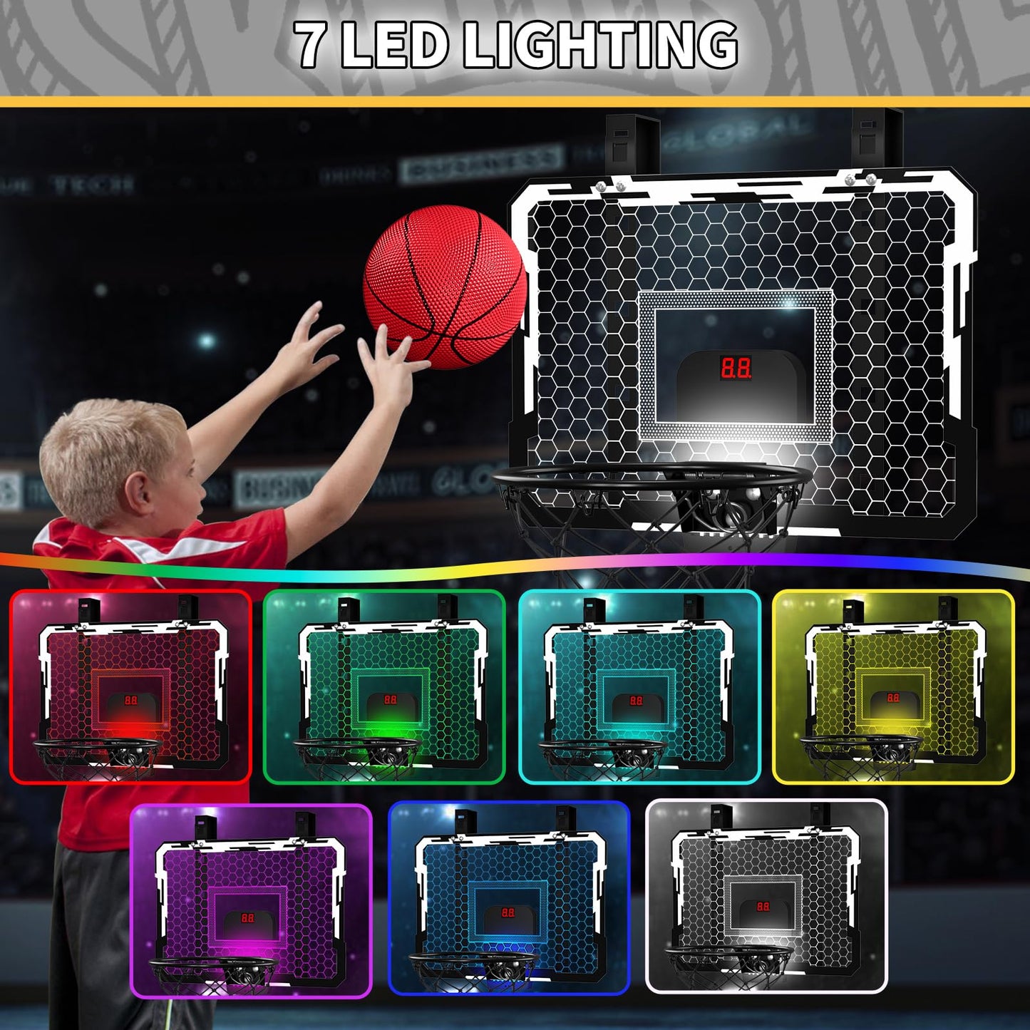 QDRAGON Indoor Basketball Hoop for Kids — Over-the-Door Mini Hoop with 7 LED Lights & 4 Height Settings
