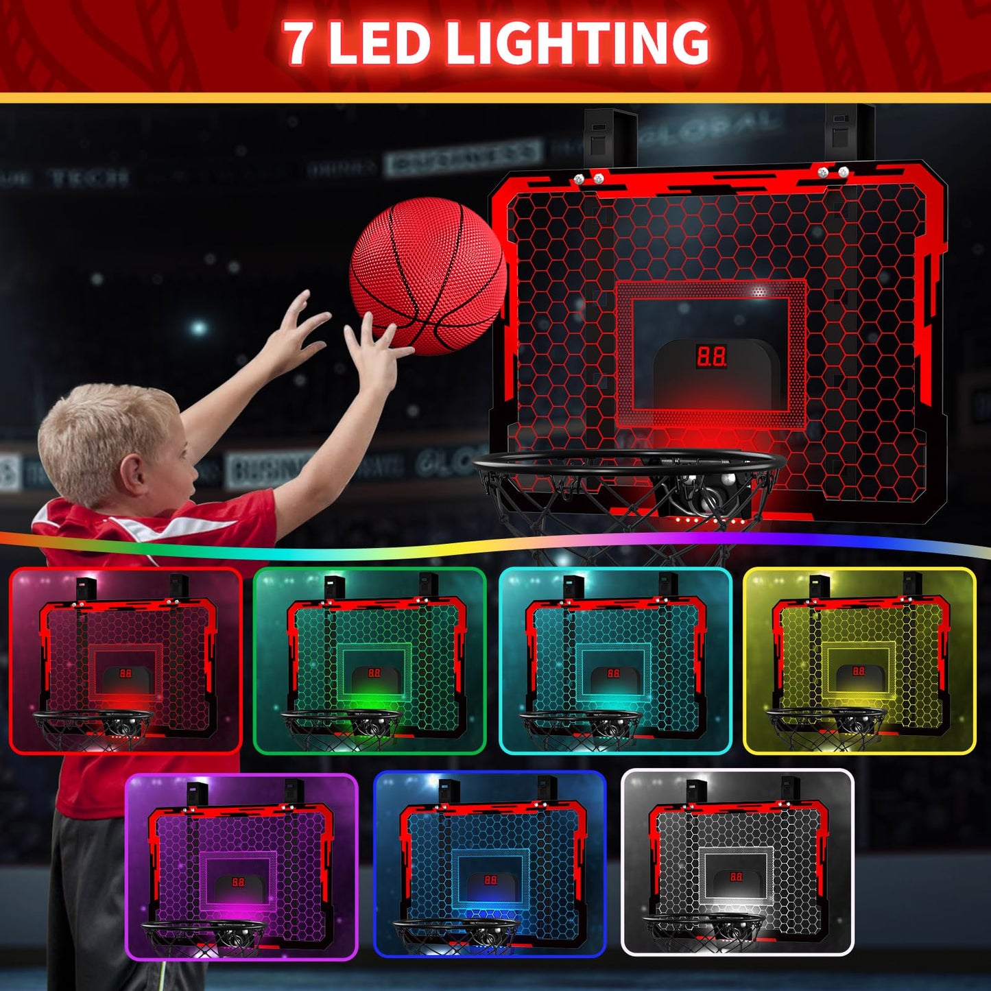 QDRAGON Indoor Basketball Hoop for Kids – 7 LED Lights, Over-the-Door Mini Hoop
