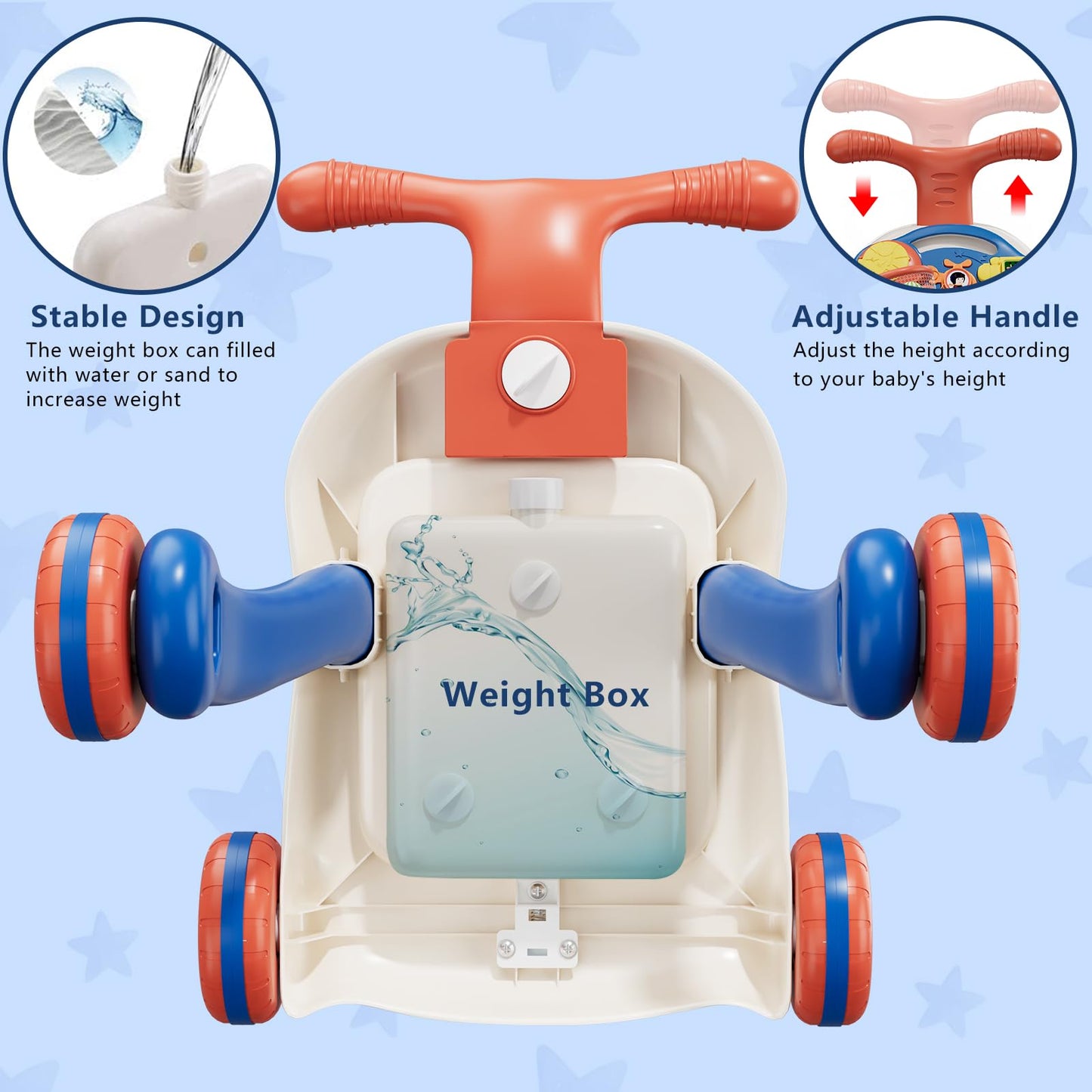 QDRAGON 3-in-1 Baby Walker & Activity Center – Learn to Walk, Sit-to-Stand Push Toy with Music Panel, Blue (12-18 Months)