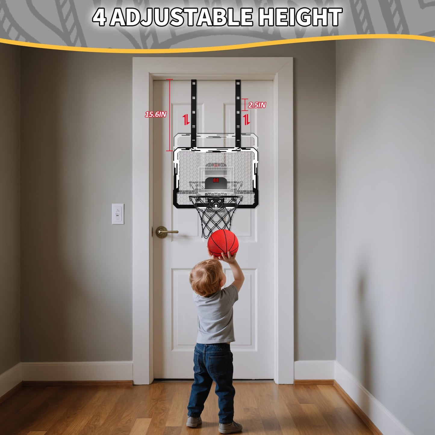 QDRAGON Indoor Basketball Hoop for Kids — Over-the-Door Mini Hoop with 7 LED Lights & 4 Height Settings