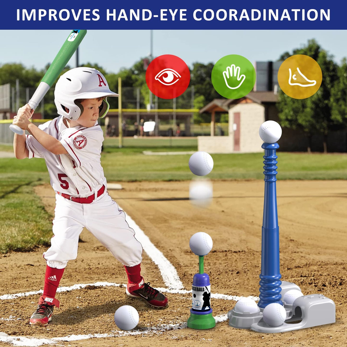 QDRAGON 2-in-1 T Ball Set for Kids 3-5 & 5-8 – Adjustable Tee & Automatic Pitching Machine