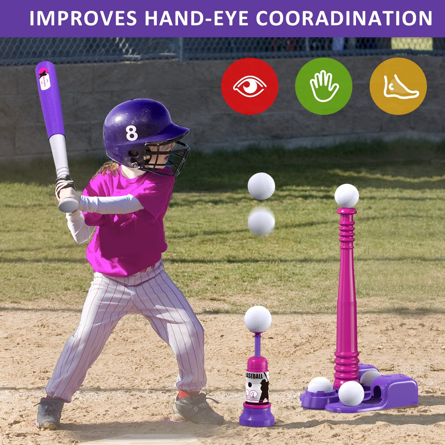 QDRAGON 2-in-1 T Ball Set for Kids 3-5 & 5-8 | Automatic Pitching Machine & Adjustable Bat Stand