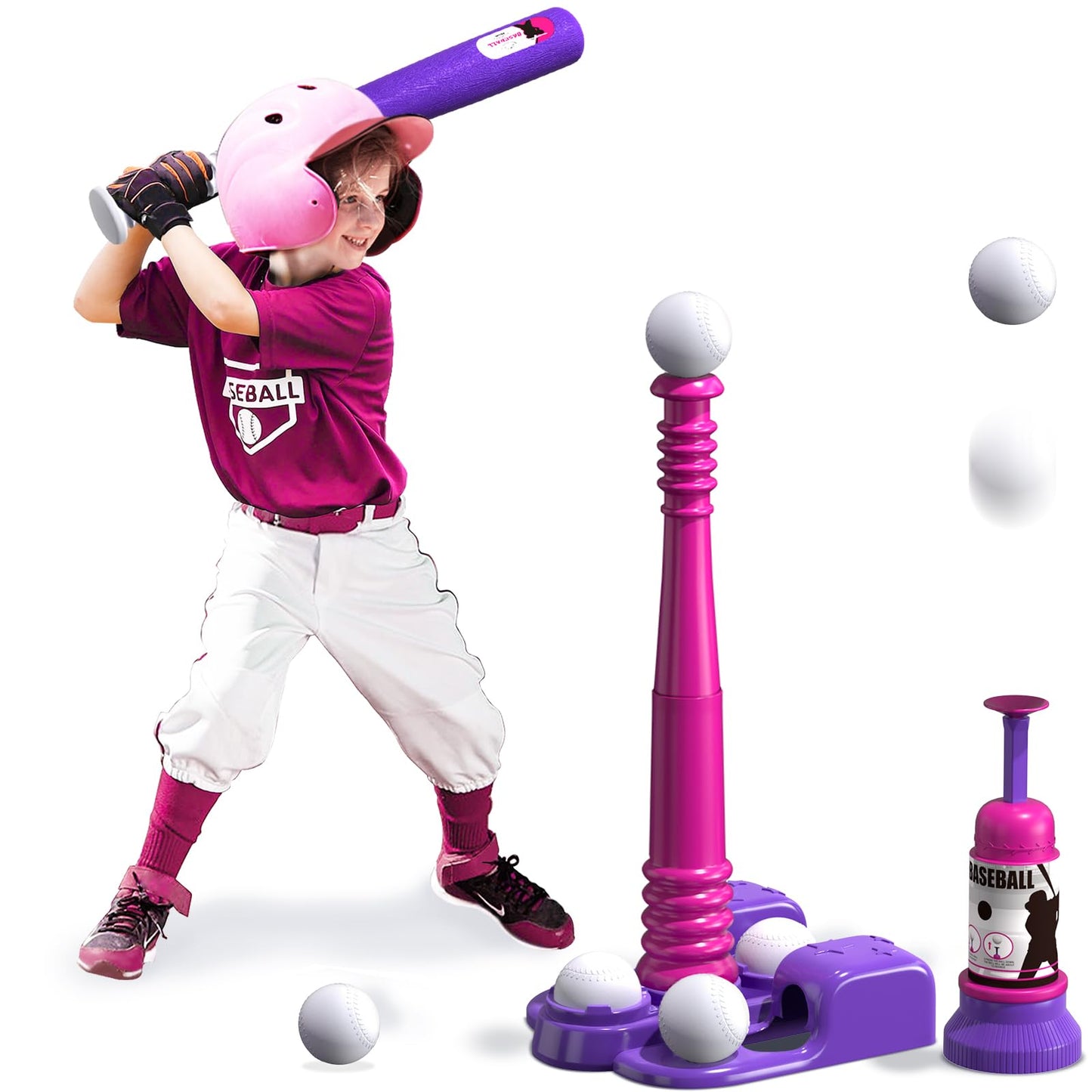 QDRAGON 2-in-1 T Ball Set for Kids 3-5 & 5-8 | Automatic Pitching Machine & Adjustable Bat Stand
