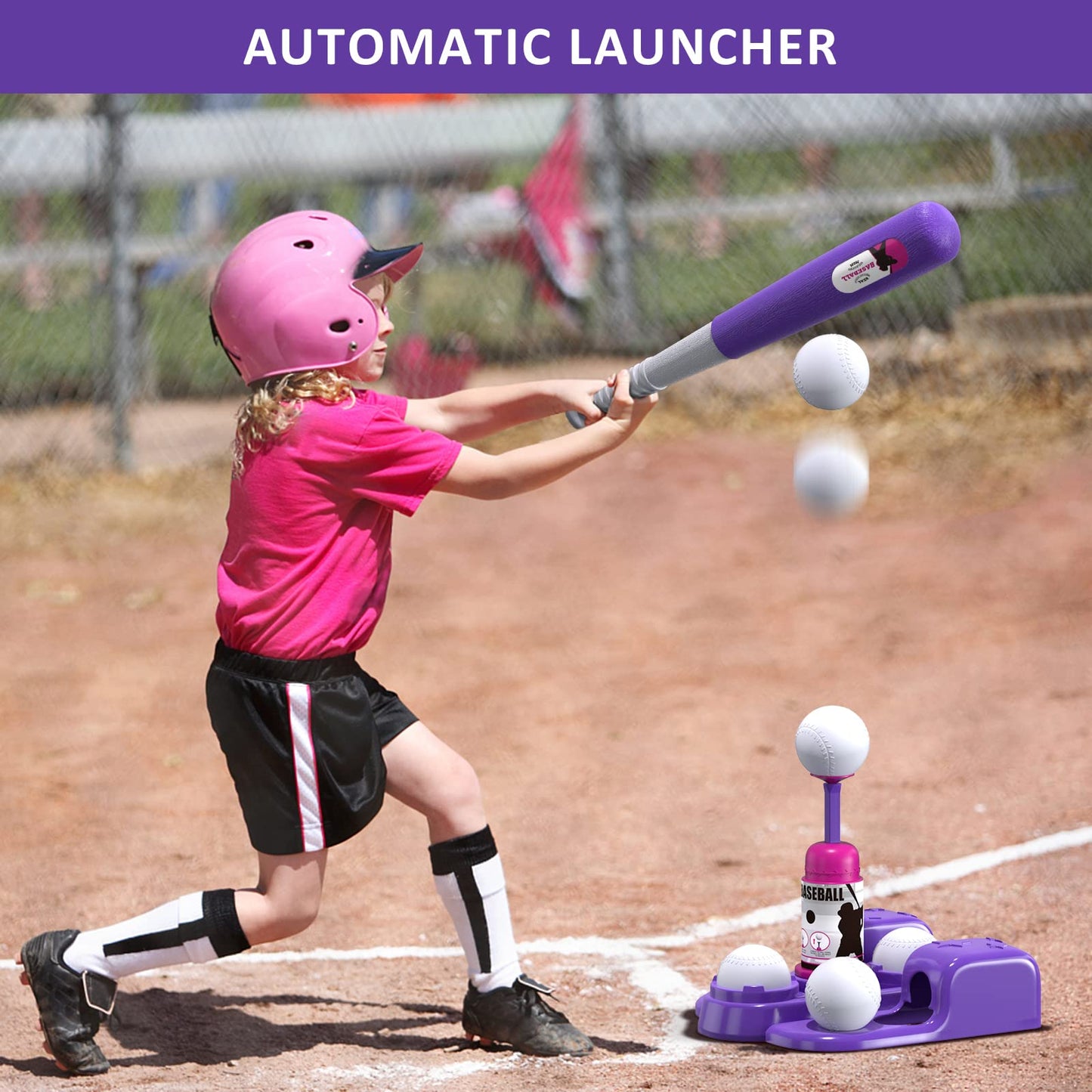 QDRAGON 2-in-1 T Ball Set for Kids 3-5 & 5-8 | Automatic Pitching Machine & Adjustable Bat Stand