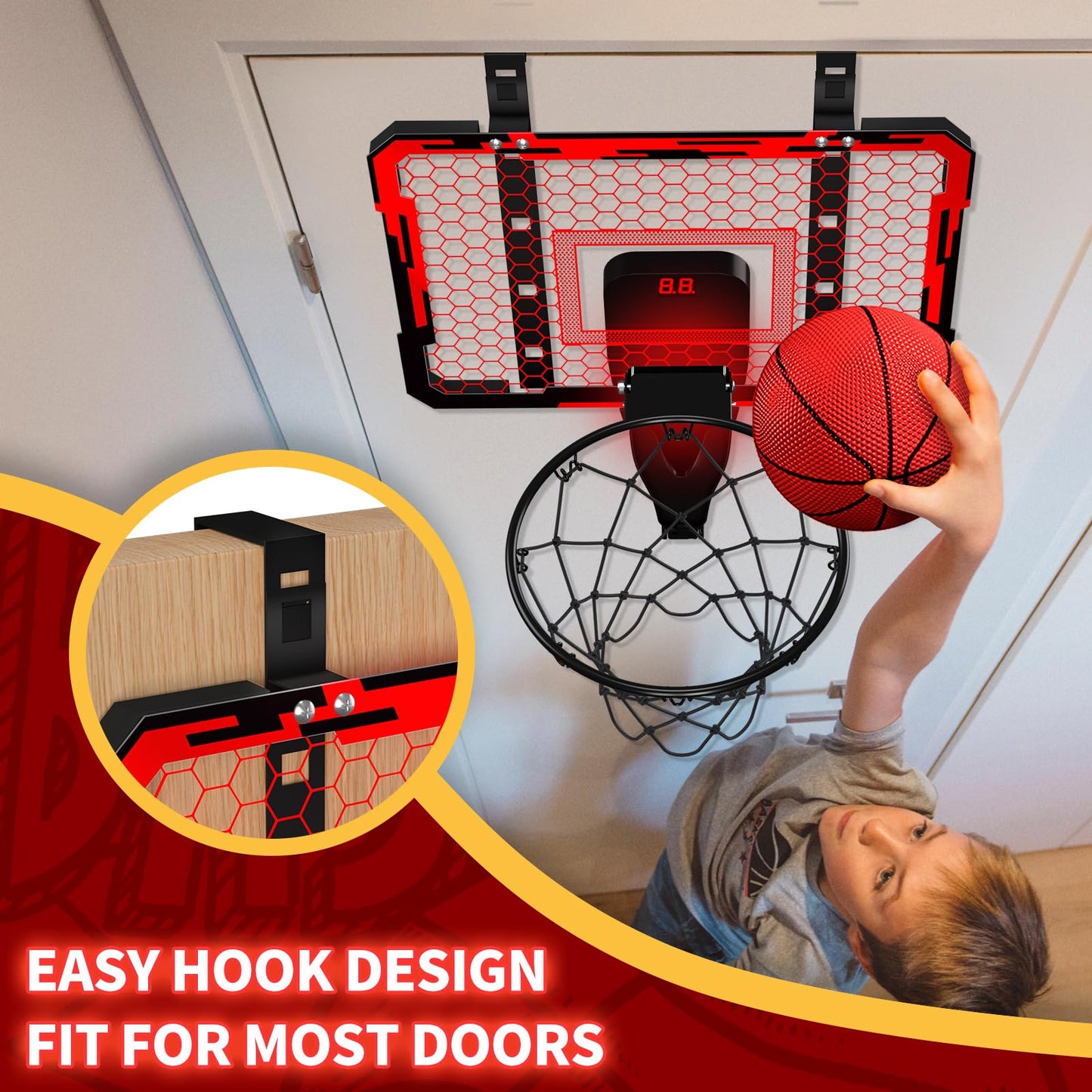 QDRAGON Indoor Basketball Hoop for Kids – 7 LED Lights, Over-the-Door Mini Hoop