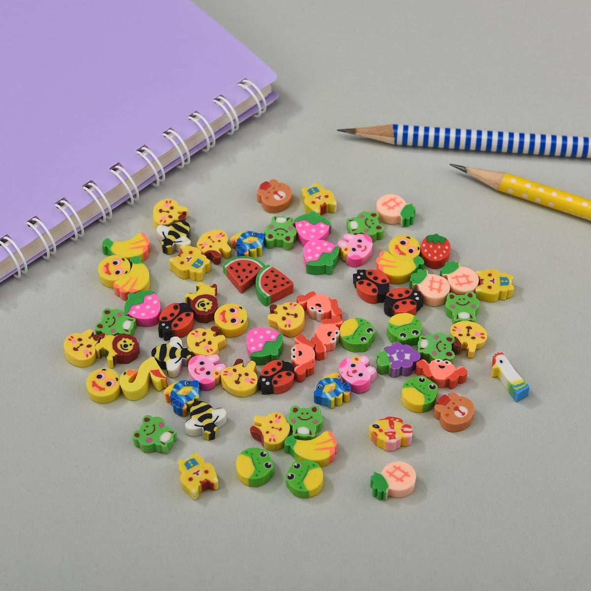 QDXATIVP 300PCS Mini Cute Pencil Erasers – Animals & Fruits Bulk for Back to School Gift