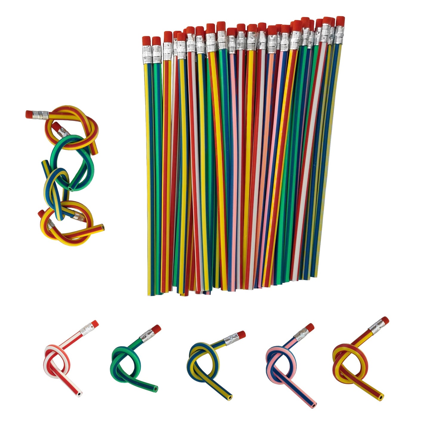 QDXATIVP 40PCS Colorful Stripe Flexible Bendable Pencils with Erasers