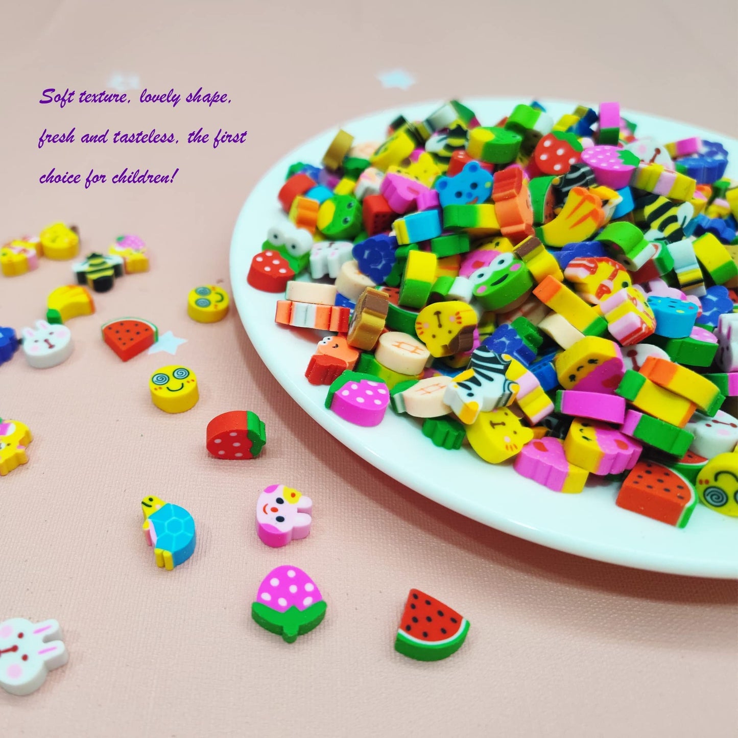 QDXATIVP 300PCS Mini Cute Pencil Erasers — Fruits, Animals, Numbers, Cakes & Smiling Faces