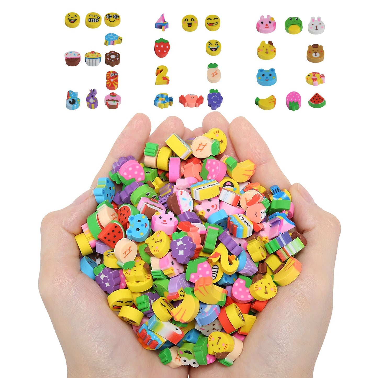 QDXATIVP 300PCS Mini Cute Pencil Erasers — Fruits, Animals, Numbers, Cakes & Smiling Faces