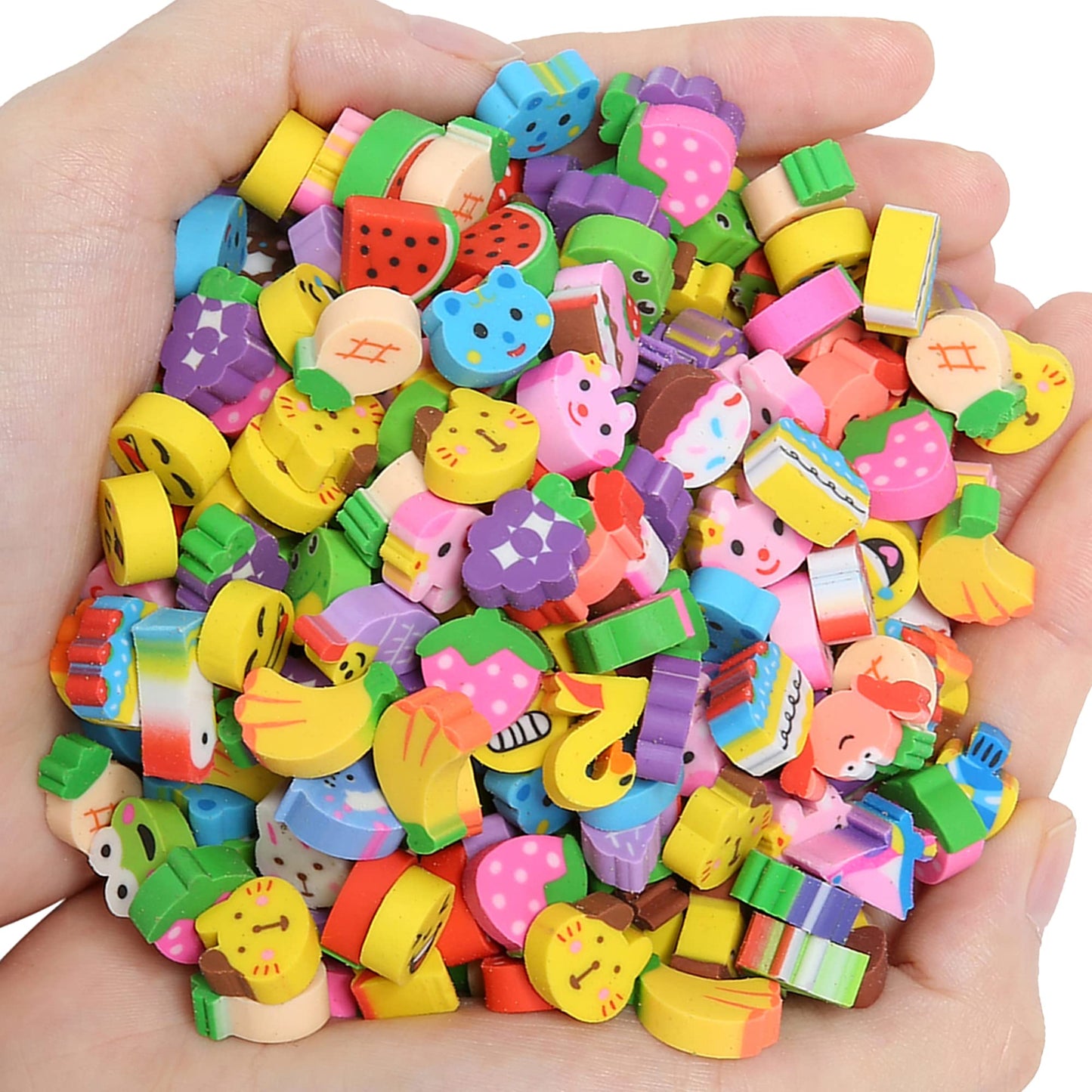 QDXATIVP 300PCS Mini Cute Pencil Erasers — Fruits, Animals, Numbers, Cakes & Smiling Faces