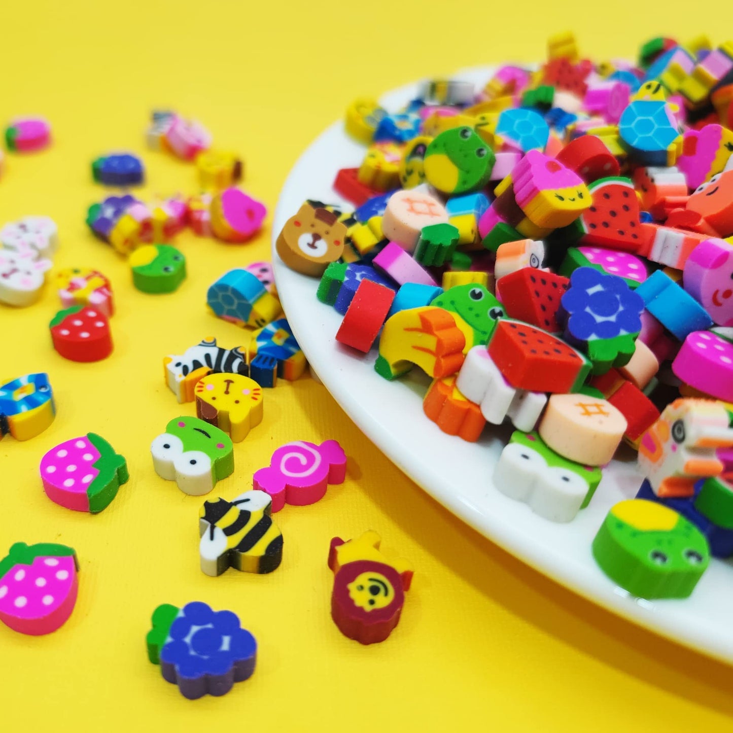 QDXATIVP 300PCS Mini Cute Pencil Erasers — Fruits, Animals, Numbers, Cakes & Smiling Faces