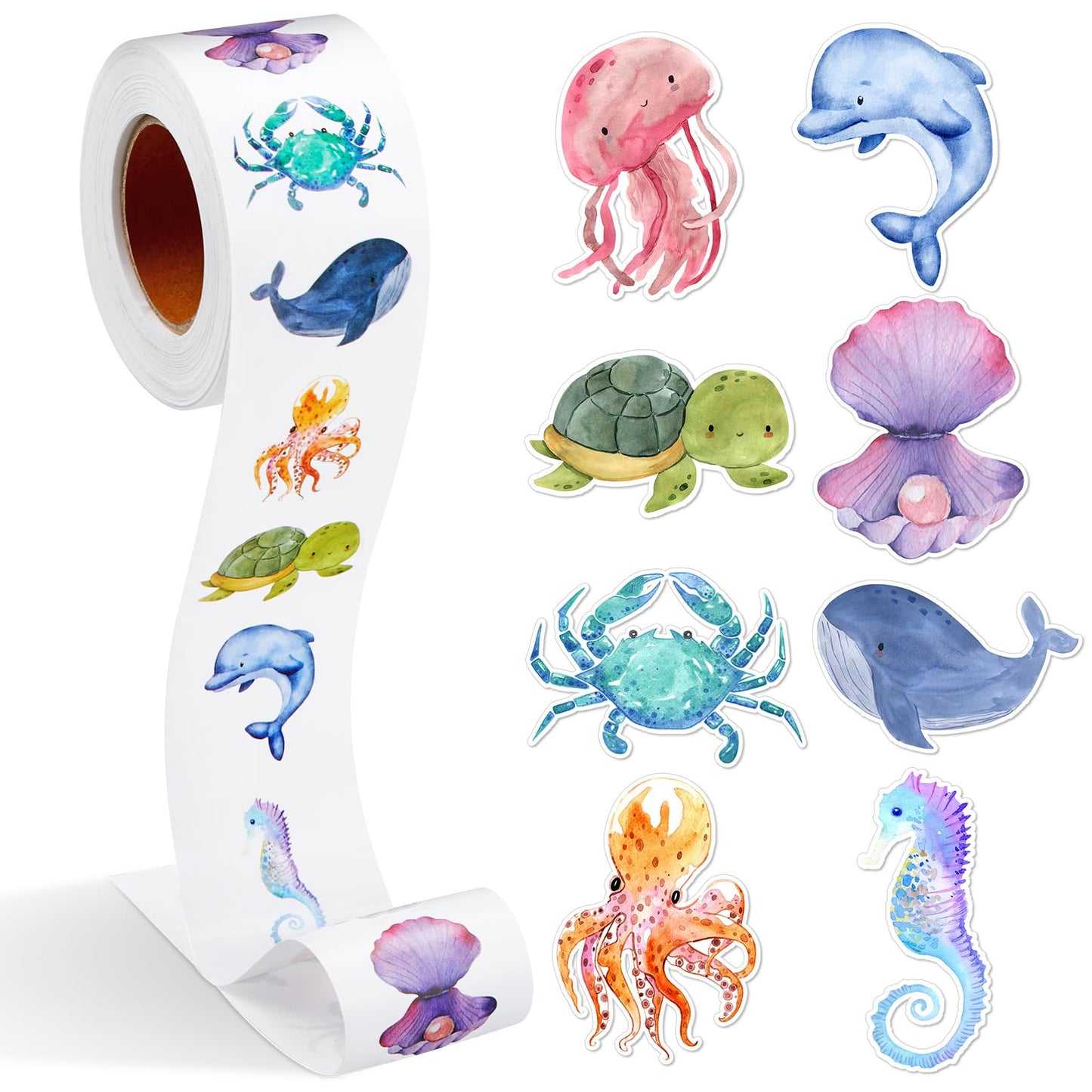 Qeeenar 1 Roll Aquatic Creatures Stickers – 500 Pcs Watercolor Decals for Party Favors & Classroom Use