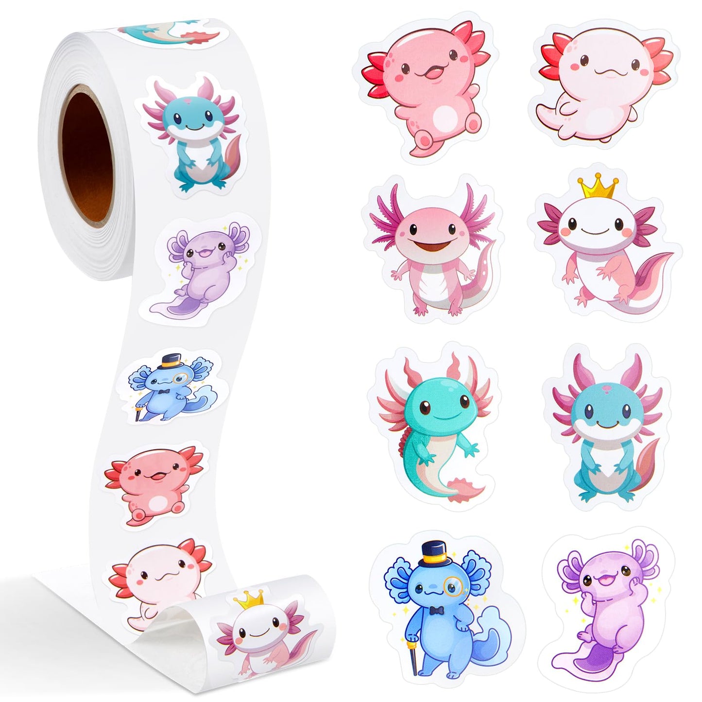 Qeeenar Axolotl Stickers Roll – 500 Pcs Watercolor Decals for Parties, Rewards & Craft Projects