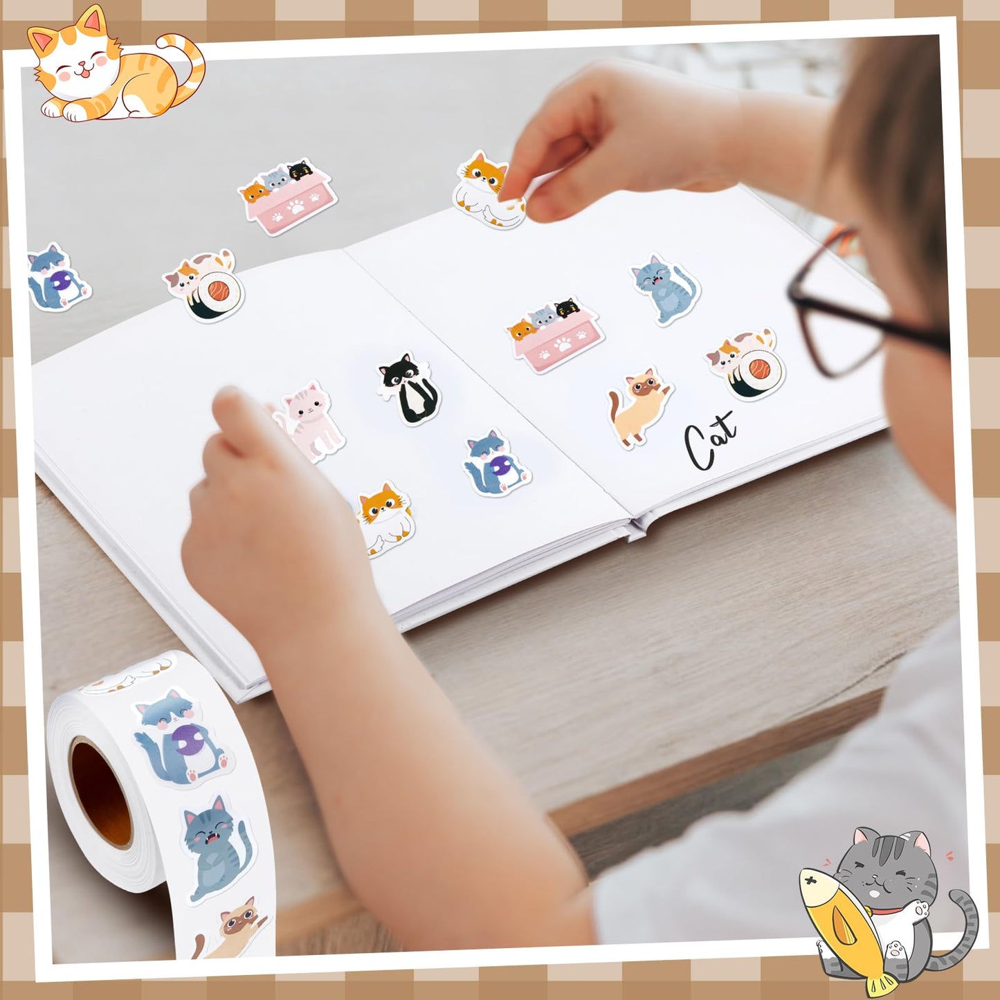 Qeeenar 1 Roll Cat Stickers – 500 Pcs Multicolor Kawaii Decals for School, Office, Party Favors