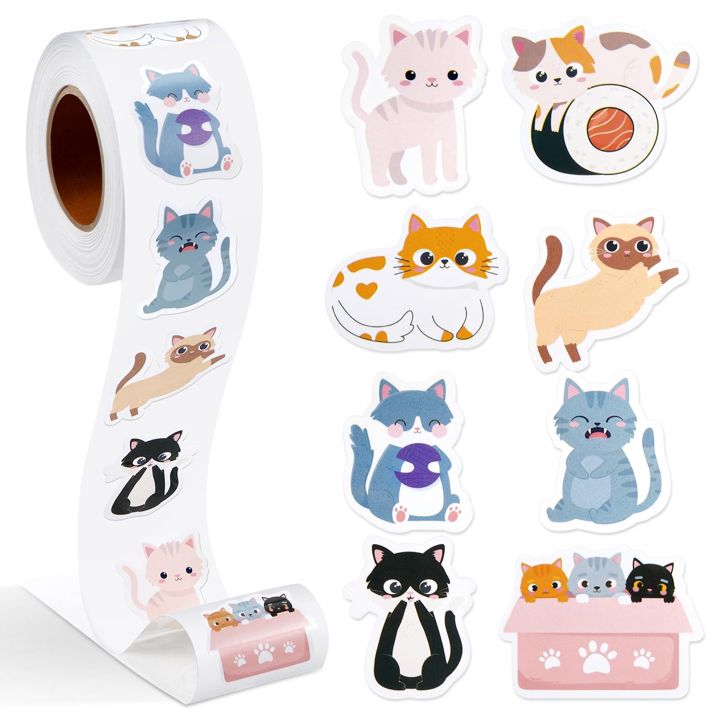 Qeeenar 1 Roll Cat Stickers – 500 Pcs Multicolor Kawaii Decals for School, Office, Party Favors