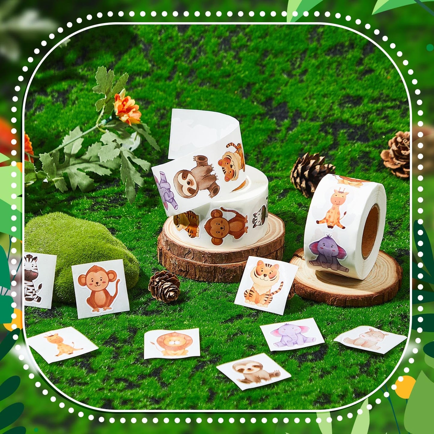 Qeeenar Jungle Animal Stickers Roll – 500 Pcs, Party Favors & Rewards