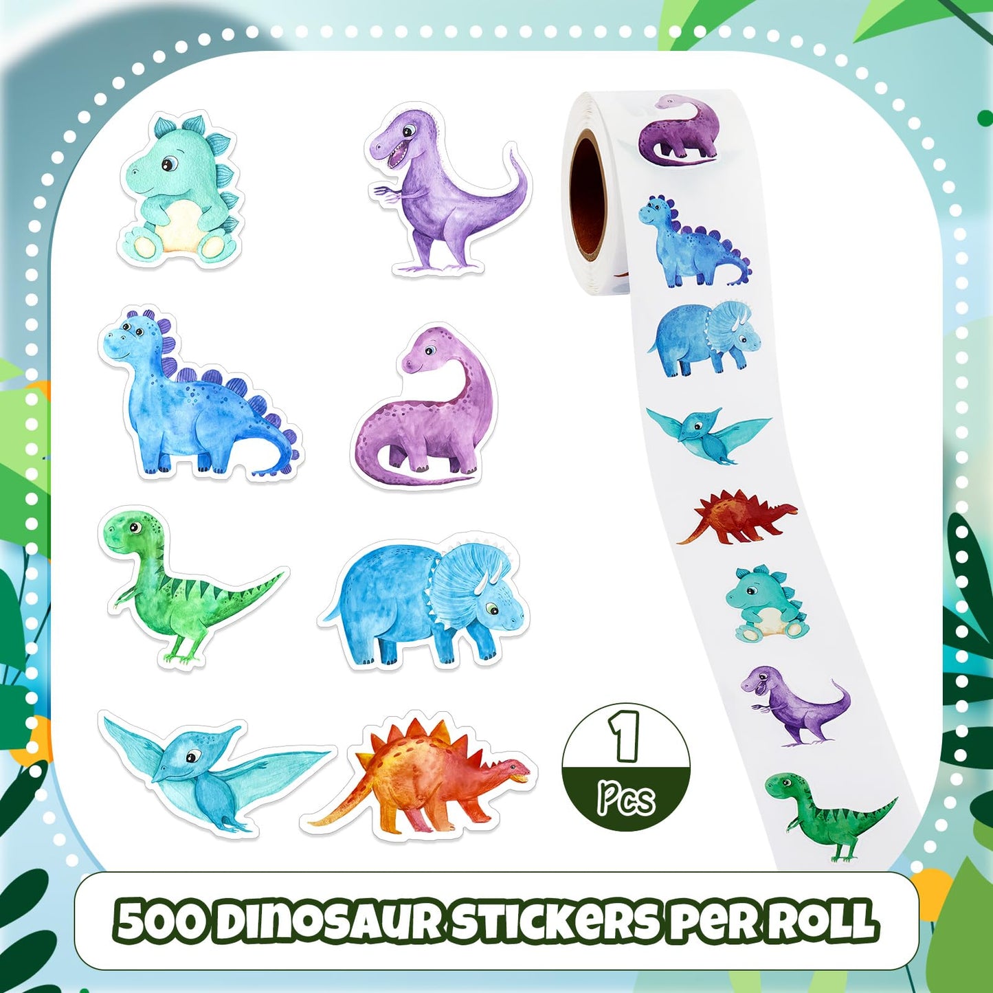 Qeeenar 1 Roll Dinosaur Stickers – 500 Pcs Watercolor Dino Designs for Party Favors & Rewards