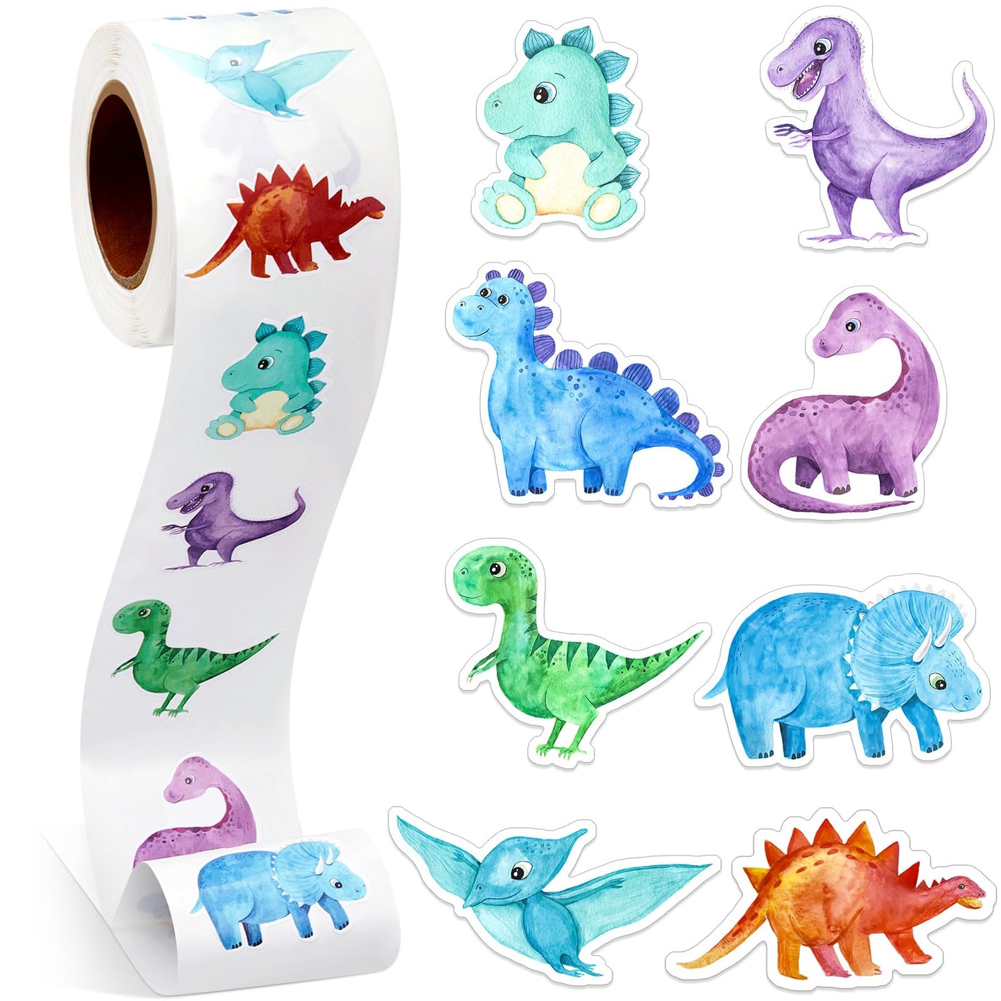 Qeeenar 1 Roll Dinosaur Stickers – 500 Pcs Watercolor Dino Designs for Party Favors & Rewards