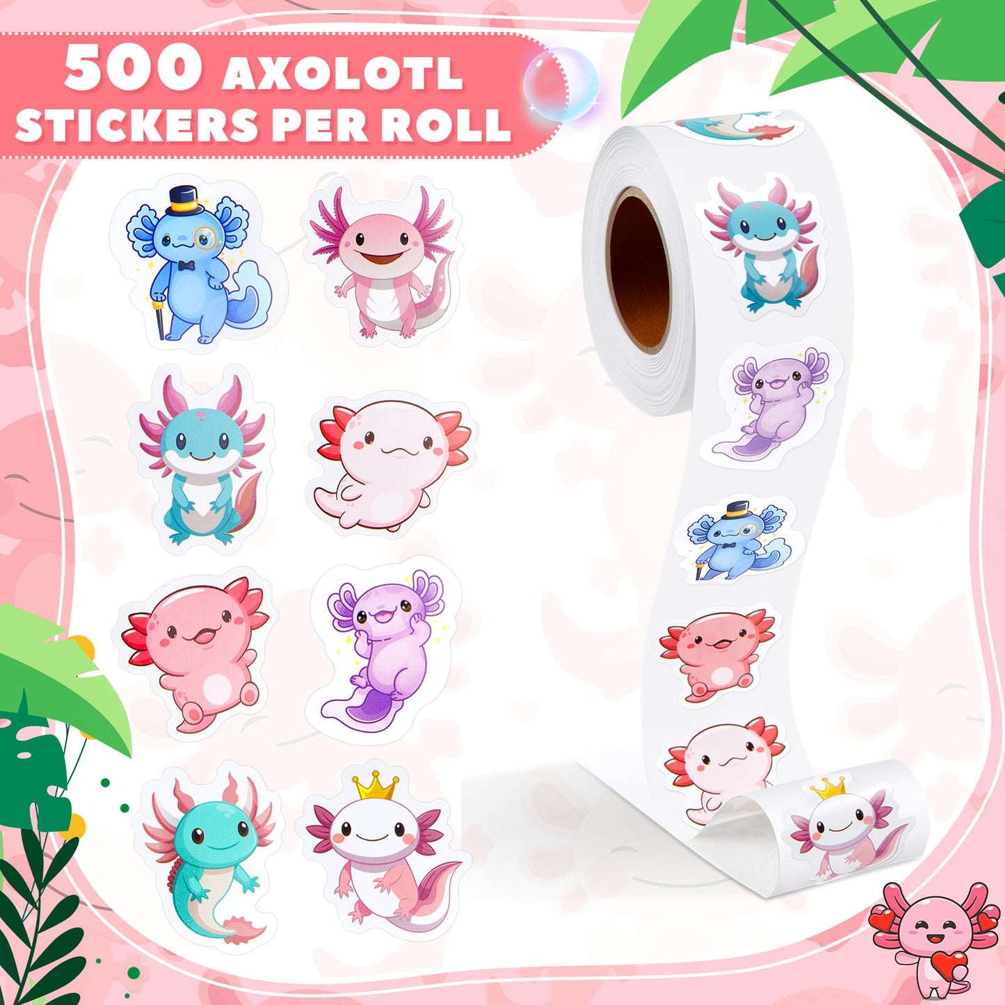 Qeeenar Axolotl Stickers Roll – 500 Pcs Watercolor Decals for Parties, Rewards & Craft Projects