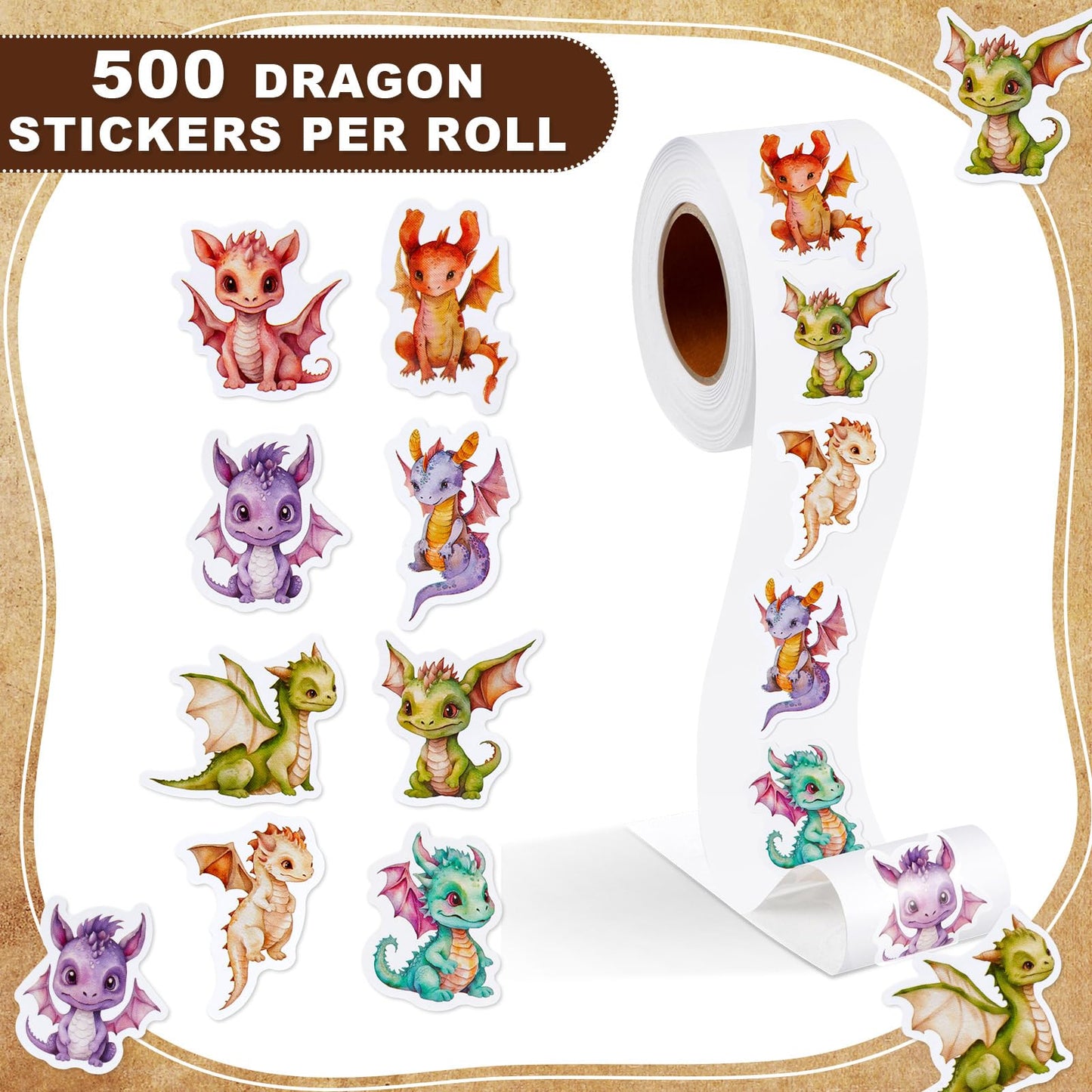 Qeeenar Dragon Sticker Roll – 500 Pcs Watercolor Dragons for Crafts, Parties & Rewards