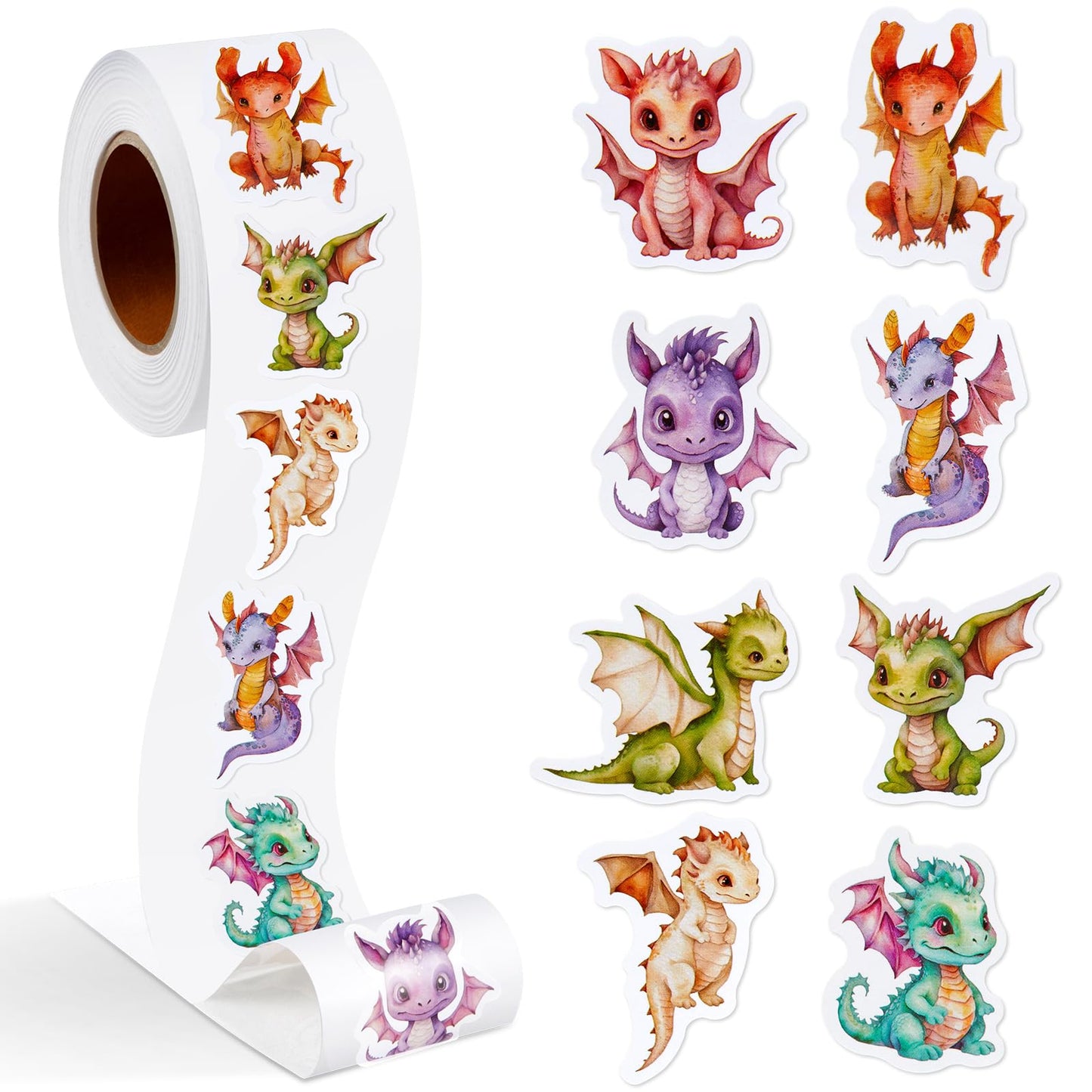 Qeeenar Dragon Sticker Roll – 500 Pcs Watercolor Dragons for Crafts, Parties & Rewards
