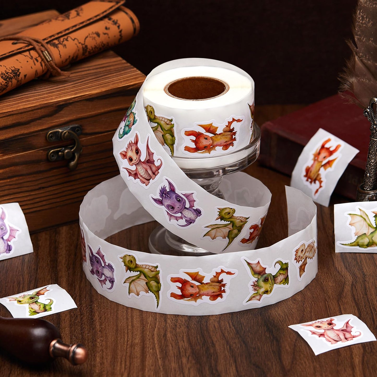 Qeeenar Dragon Sticker Roll – 500 Pcs Watercolor Dragons for Crafts, Parties & Rewards