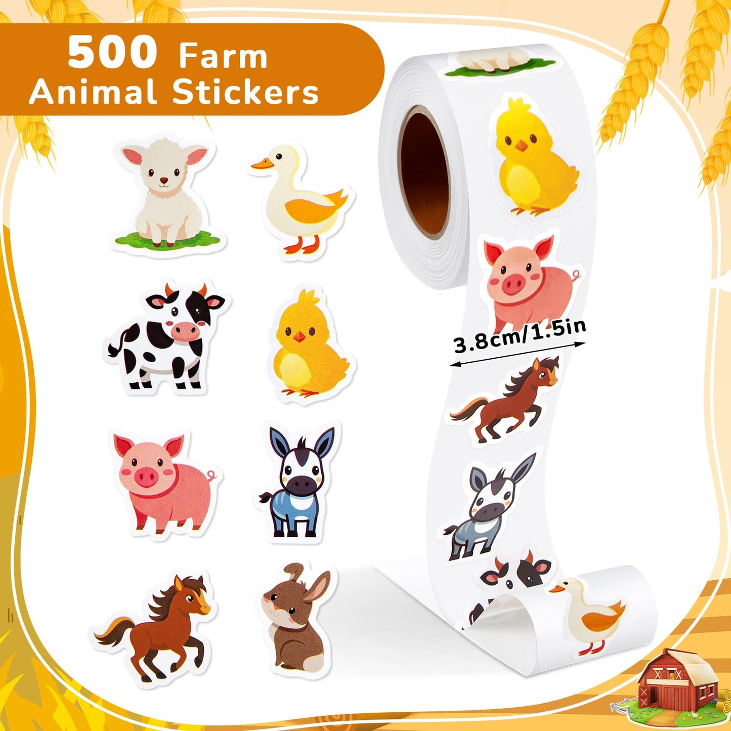 Qeeenar 1 Roll Farm Animal Stickers – 500 Pcs, Watercolor Designs