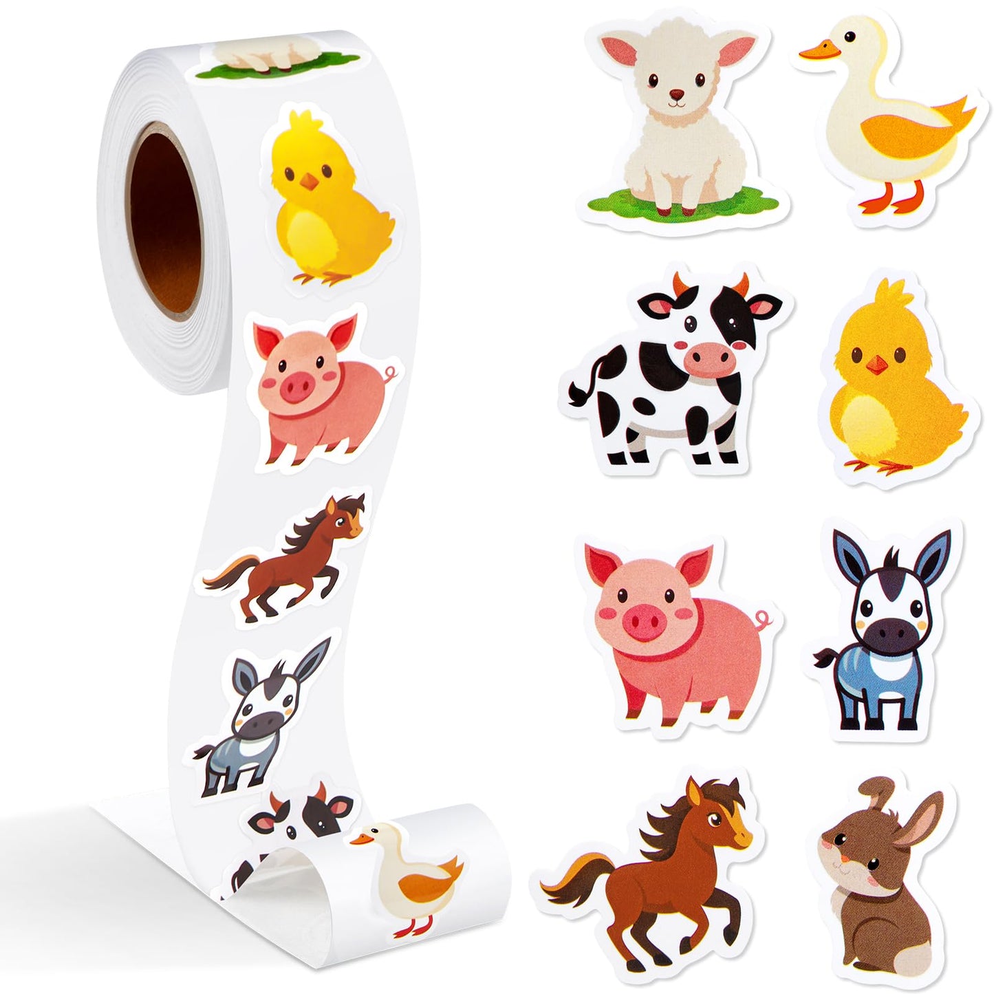 Qeeenar 1 Roll Farm Animal Stickers – 500 Pcs, Watercolor Designs