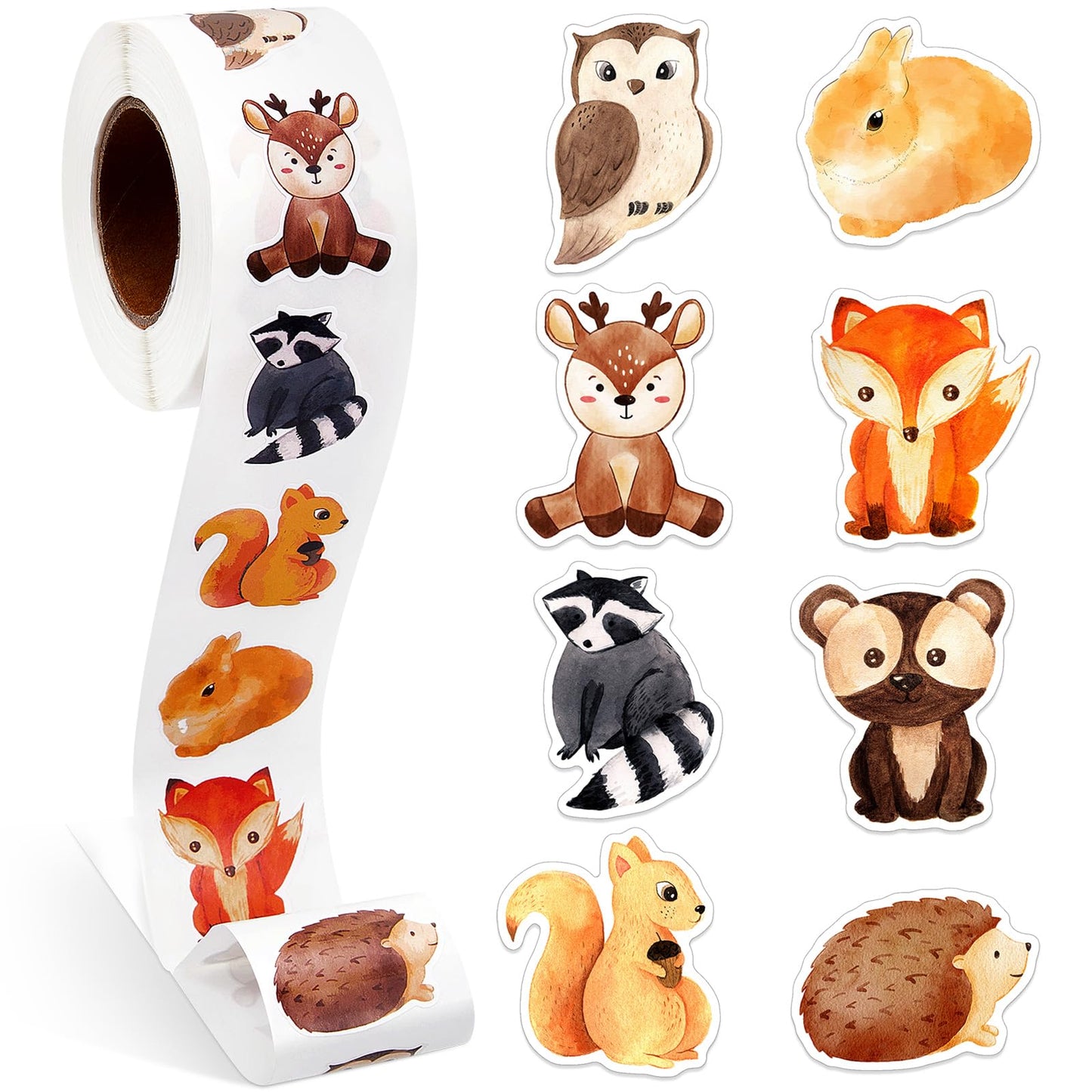 Qeeenar Forest Animal Stickers Roll – 500 Watercolor Stickers for Rewards, Party Favors & Crafts