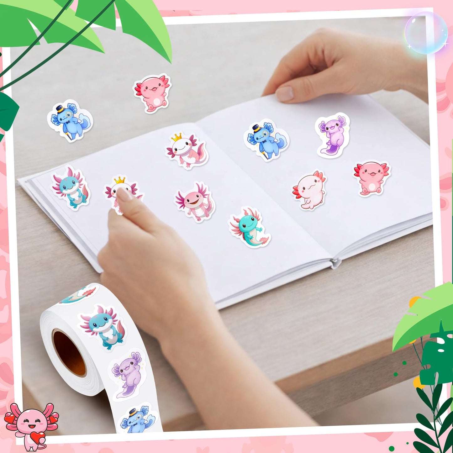 Qeeenar Axolotl Stickers Roll – 500 Pcs Watercolor Decals for Parties, Rewards & Craft Projects