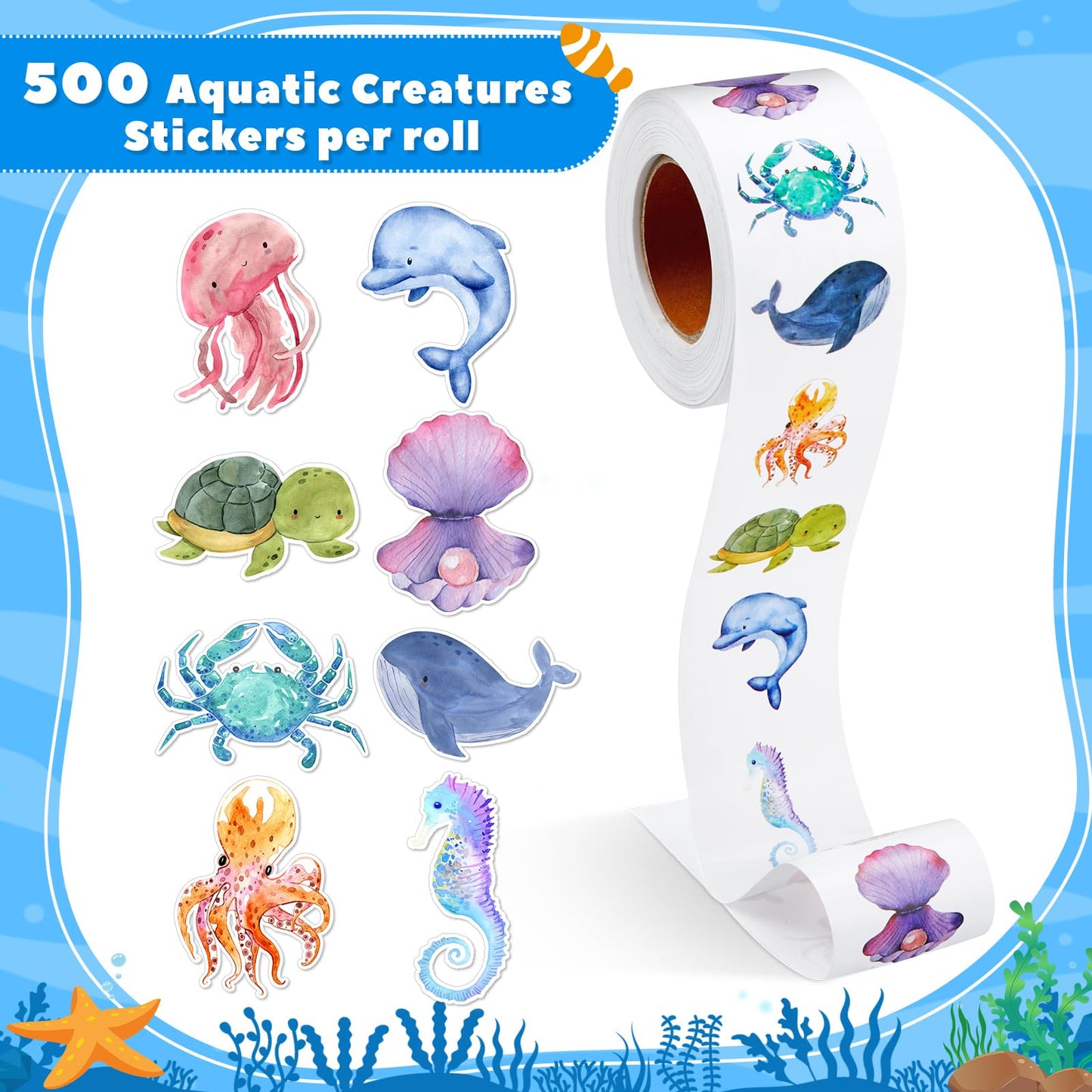 Qeeenar 1 Roll Aquatic Creatures Stickers – 500 Pcs Watercolor Decals for Party Favors & Classroom Use