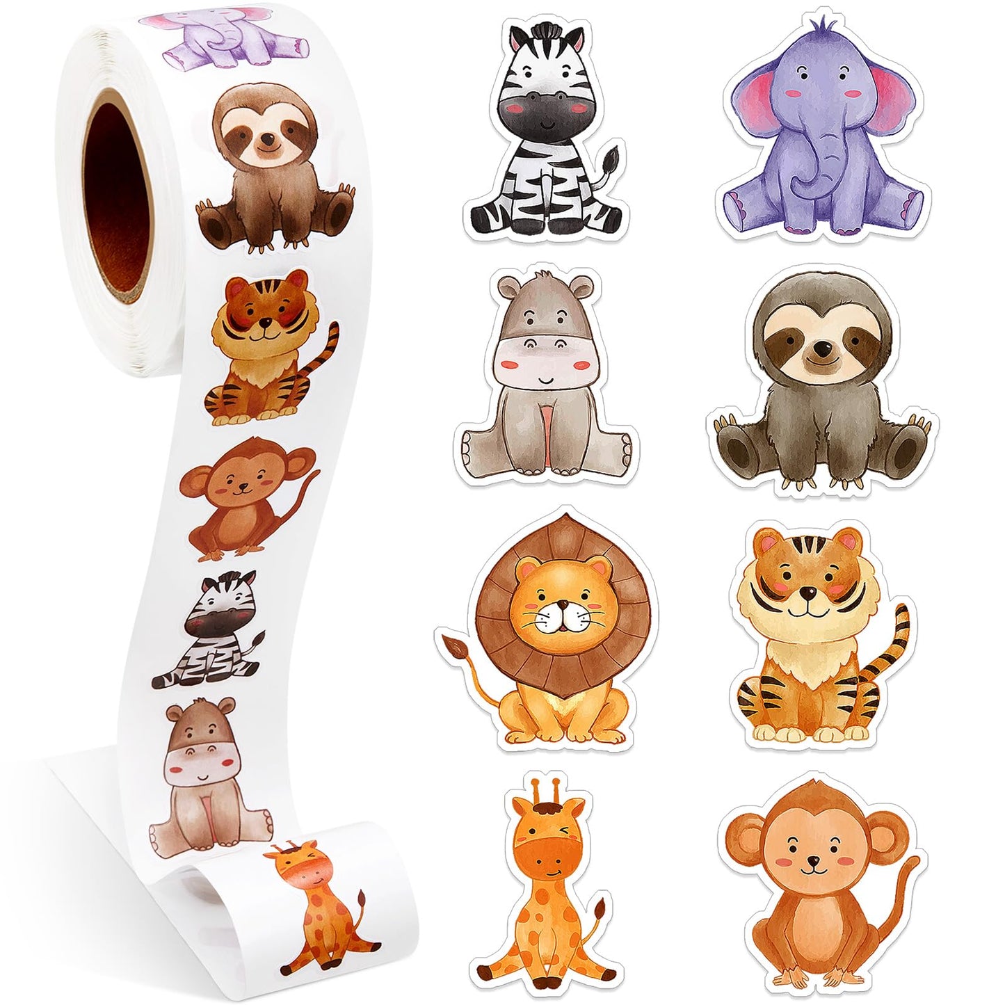 Qeeenar Jungle Animal Stickers Roll – 500 Pcs, Party Favors & Rewards