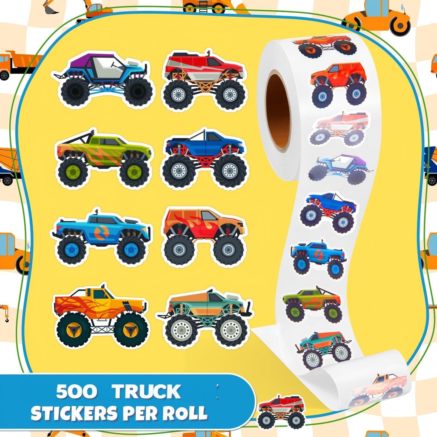 Qeeenar 1 Roll Monster Truck Stickers – 500 Pcs Watercolor Sticker Roll for Rewards & Party Favors