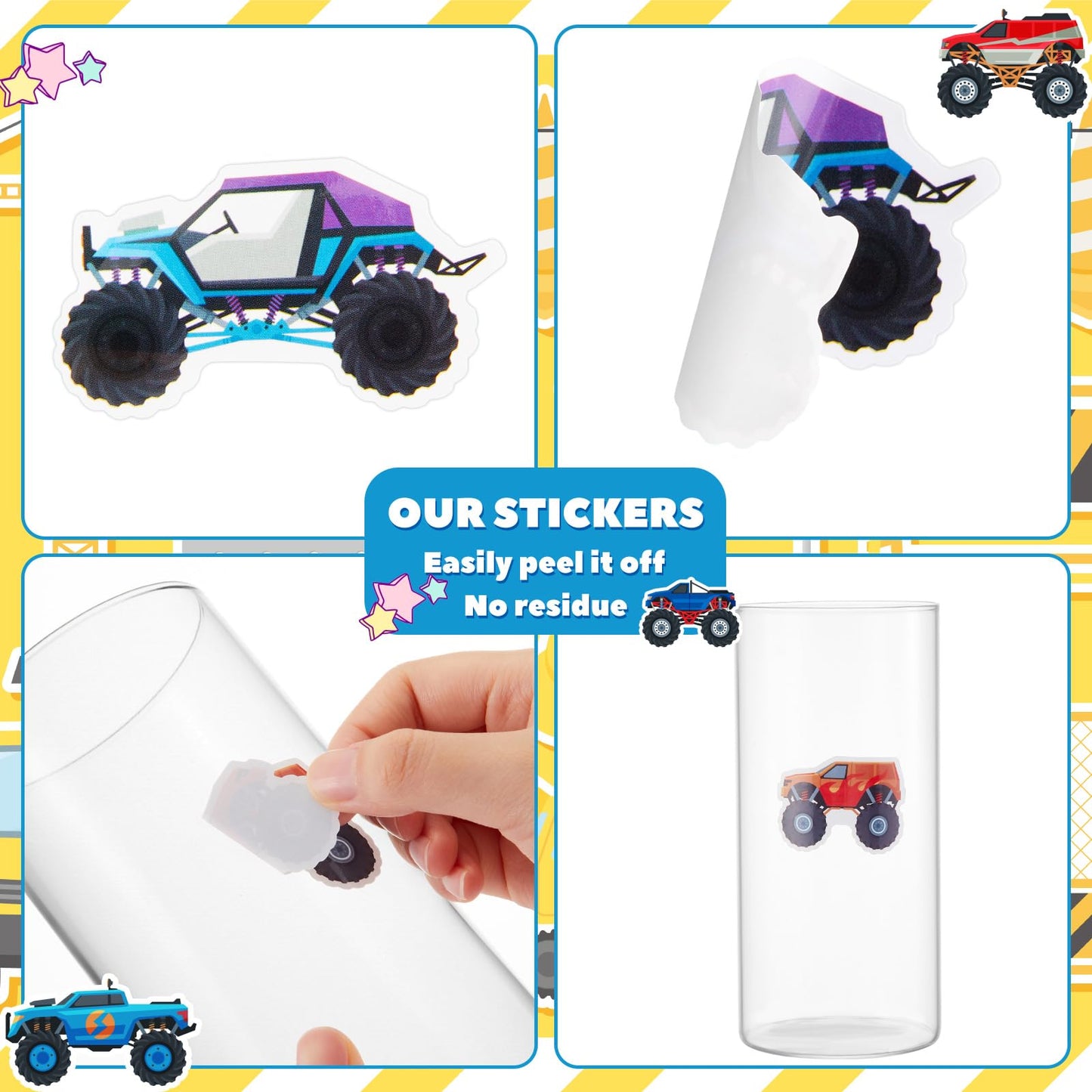 Qeeenar 1 Roll Monster Truck Stickers – 500 Pcs Watercolor Sticker Roll for Rewards & Party Favors
