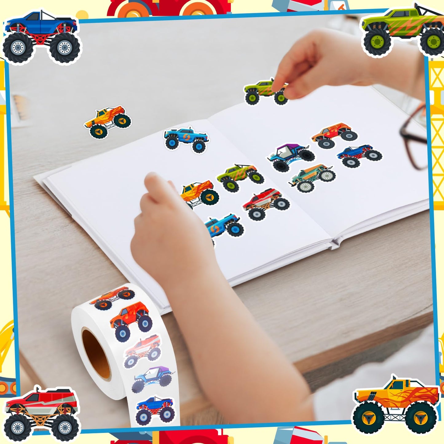 Qeeenar 1 Roll Monster Truck Stickers – 500 Pcs Watercolor Sticker Roll for Rewards & Party Favors